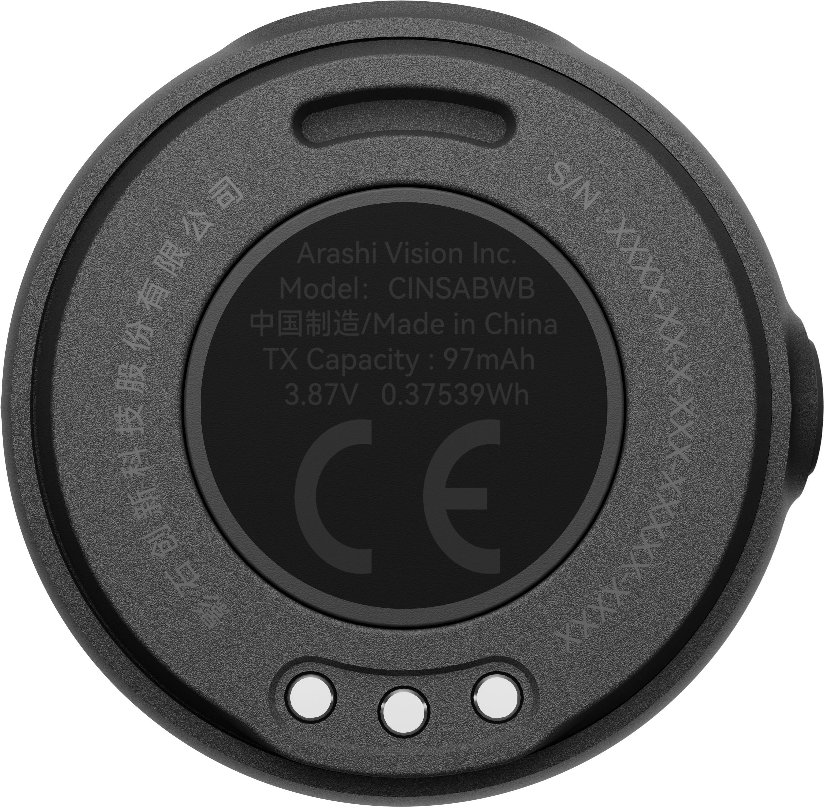 S/N: Arashi Vision Inc. Model: CINSABWB / Made in China TX Capacity: 97mAh @ 3.87V 0.37539Wh CE