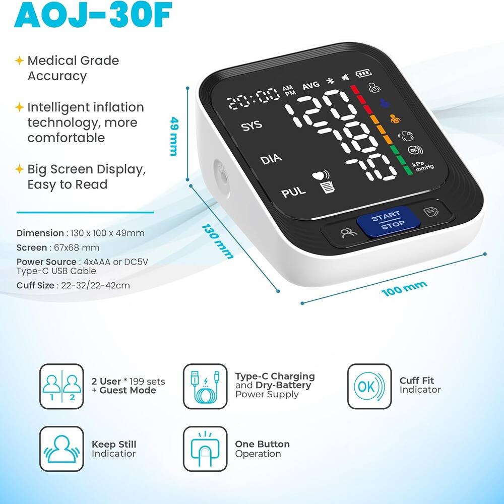 AOJ-30F

- Medical Grade Accuracy
- Intelligent inflation technology, more comfortable
- Big Screen Display, Easy to Read

Dimension: 130 x 100 x 49mm  
Screen: 67x68 mm  
Power Source: 4xAAA or DC5V Type-C USB Cable  
Cuff Size: 22-32/22-42cm

- 2 User * 199 sets + Guest Mode
- Type-C Charging and Dry-Battery Power Supply
- Keep Still Indicator
- One Button Operation
- Cuff Fit Indicator

START STOP  
SYS DIA PUL  
AM AVG PM  
kPa mmHg  
OK