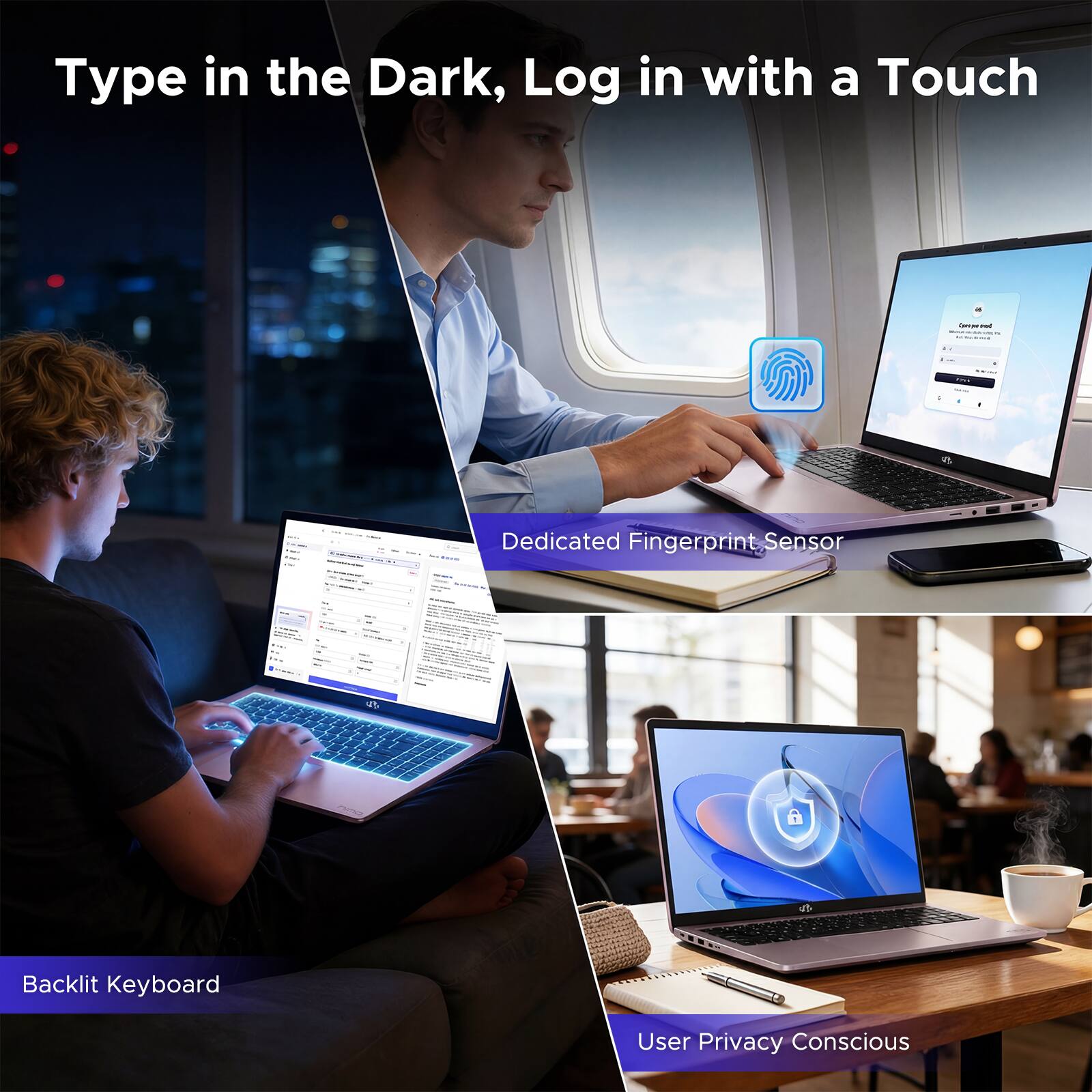 Type in the Dark, Log in with a Touch

- Dedicated Fingerprint Sensor
- Backlit Keyboard
- User Privacy Conscious