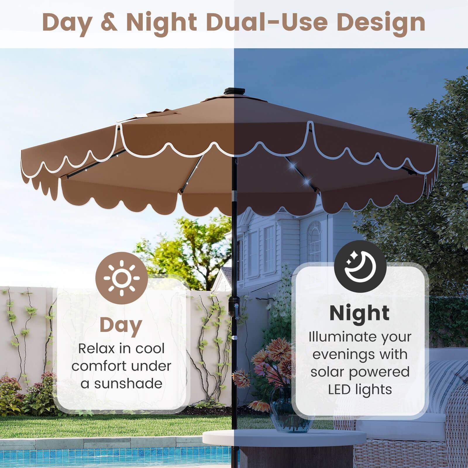 Day & Night Dual-Use Design:

Day: Relax in cool comfort under a sunshade.

Night: Illuminate your evenings with solar powered LED lights.