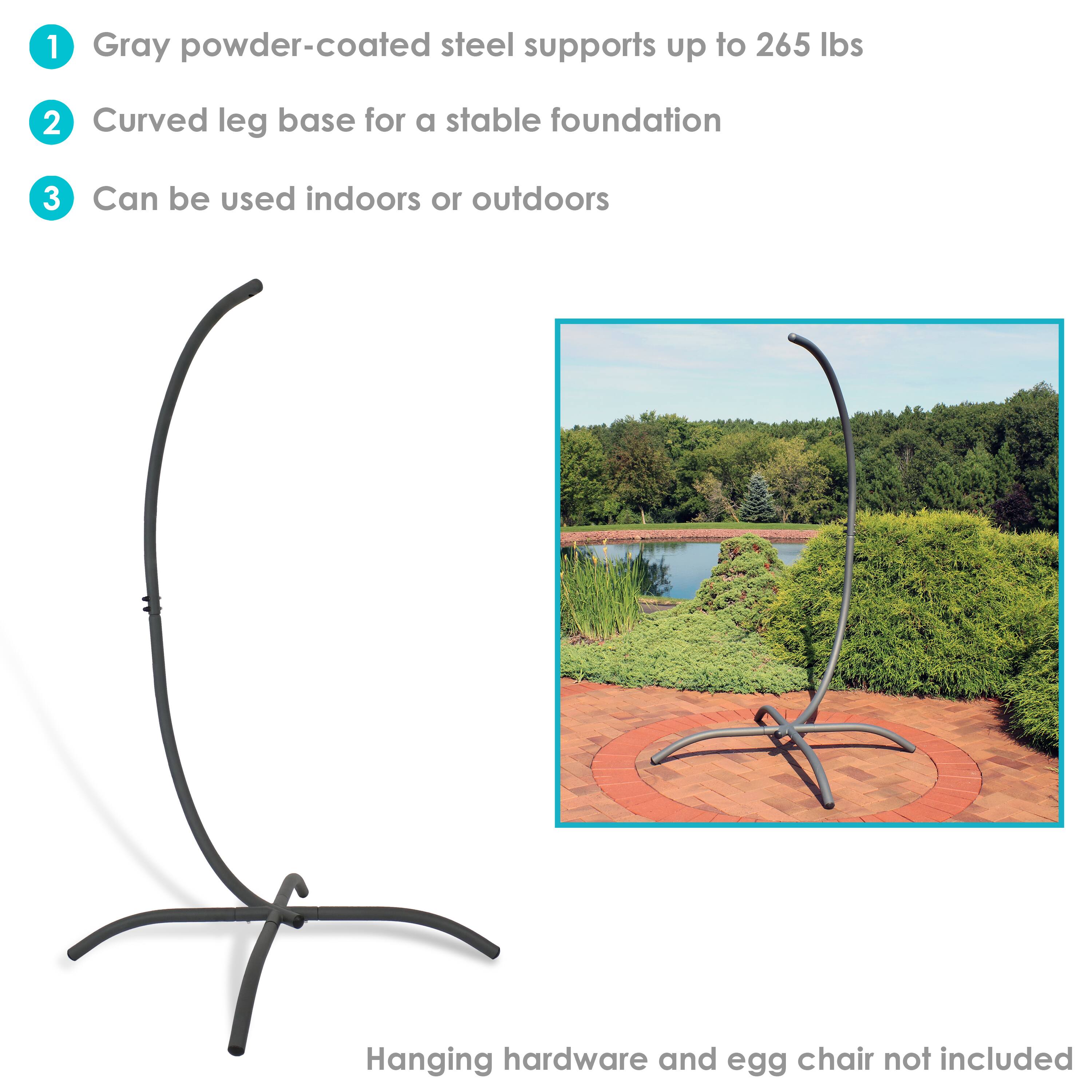 1. Gray powder-coated steel supports up to 265 lbs  
2. Curved leg base for a stable foundation  
3. Can be used indoors or outdoors  

Hanging hardware and egg chair not included