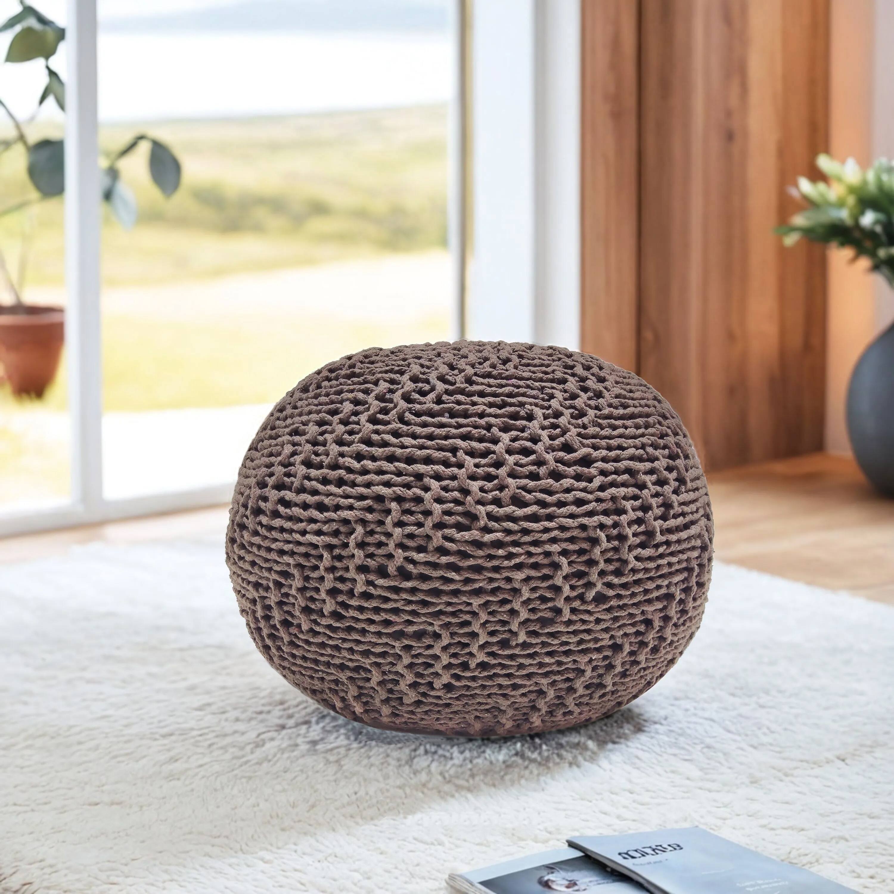 Angle. GOODSILO - Modern Round Knit Weave Pouf Ottoman with Eco-Friendly Materials for Indoor and Outdoor Seating - PET.