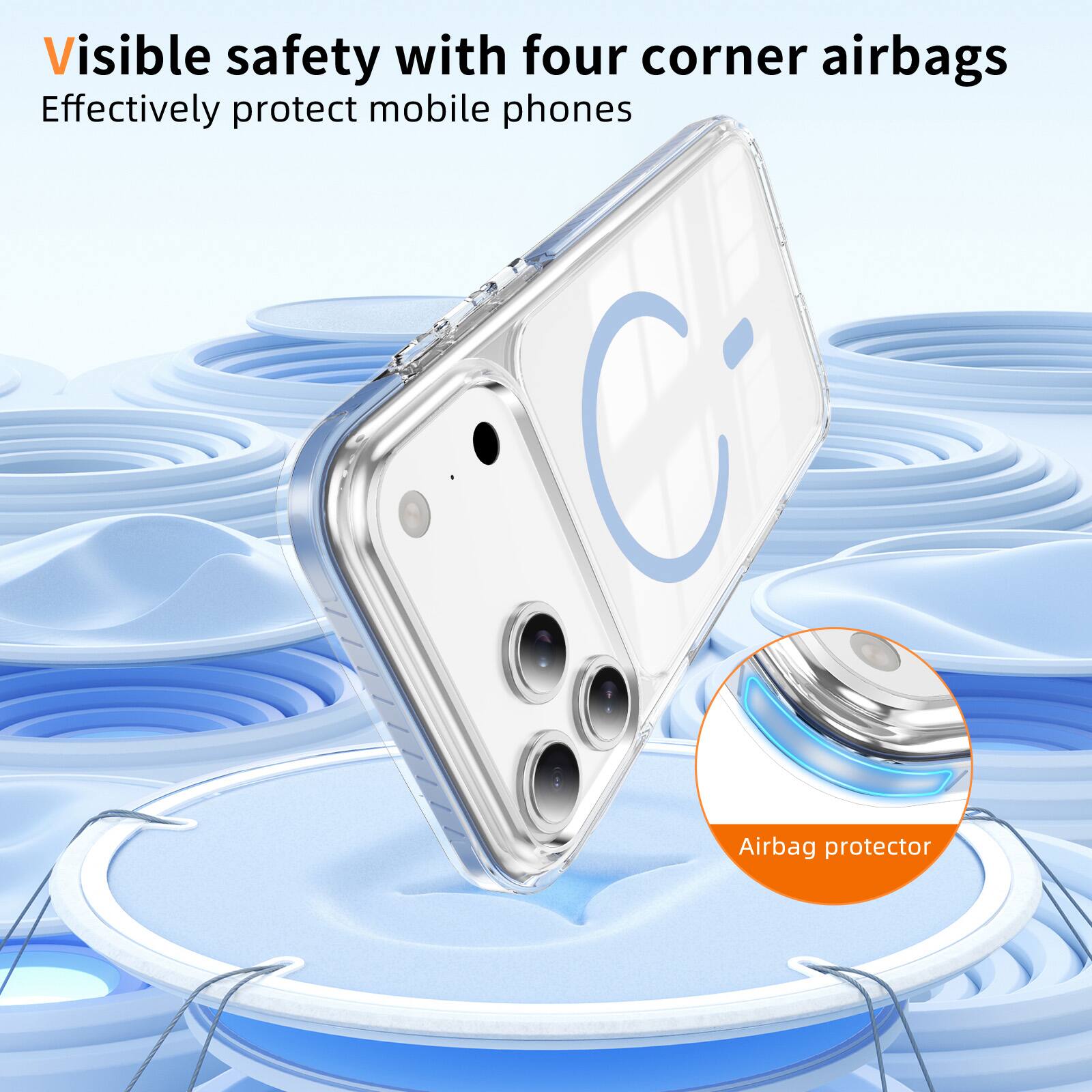 Visible safety with four corner airbags  
Effectively protect mobile phones  

Airbag protector