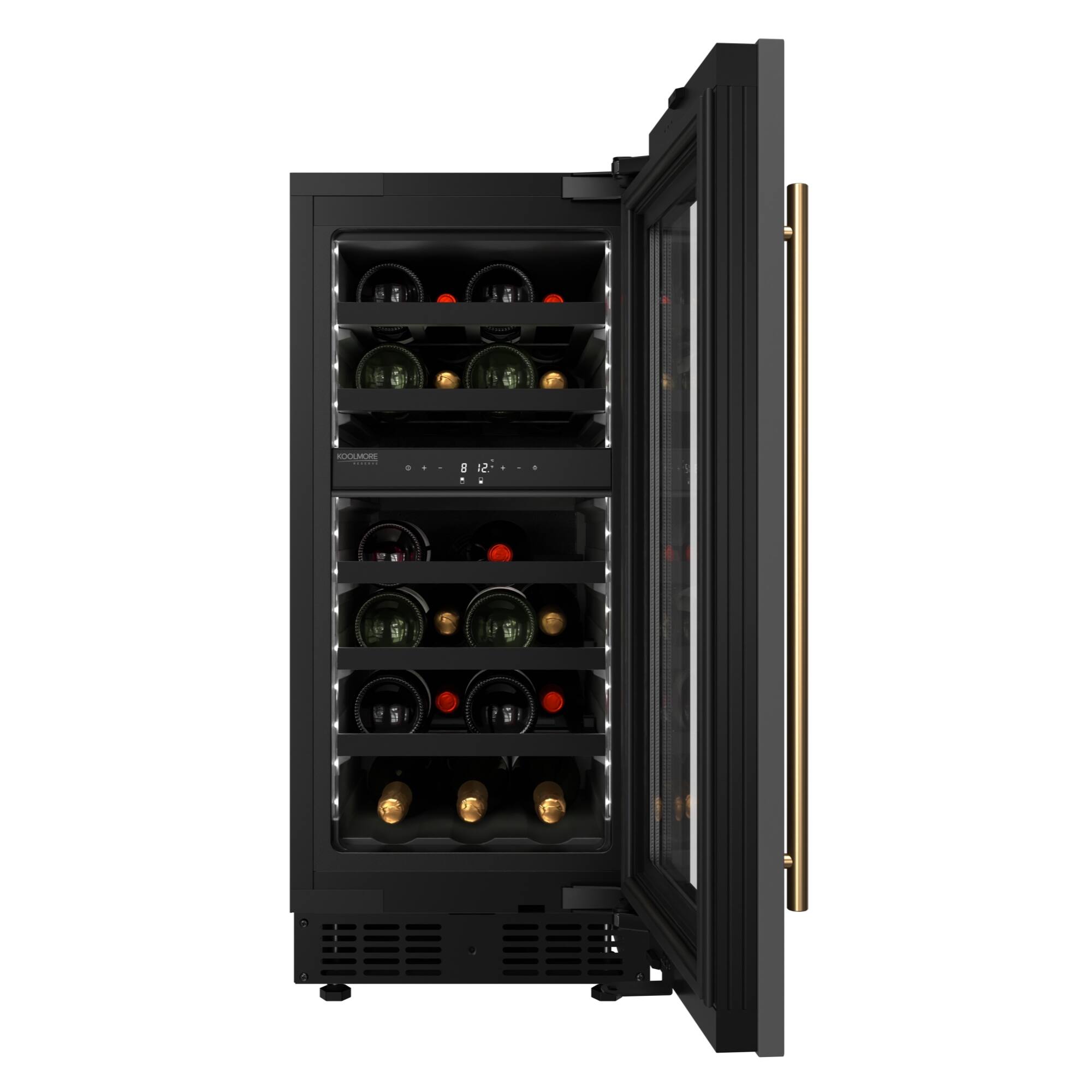 Angle. Koolmore - KoolMore Reserve 15 in. Under-Counter Panel Ready Dual Zone Built-in Wine Cooler with Black Shelves, 23 Bottle Capacity - Black.
