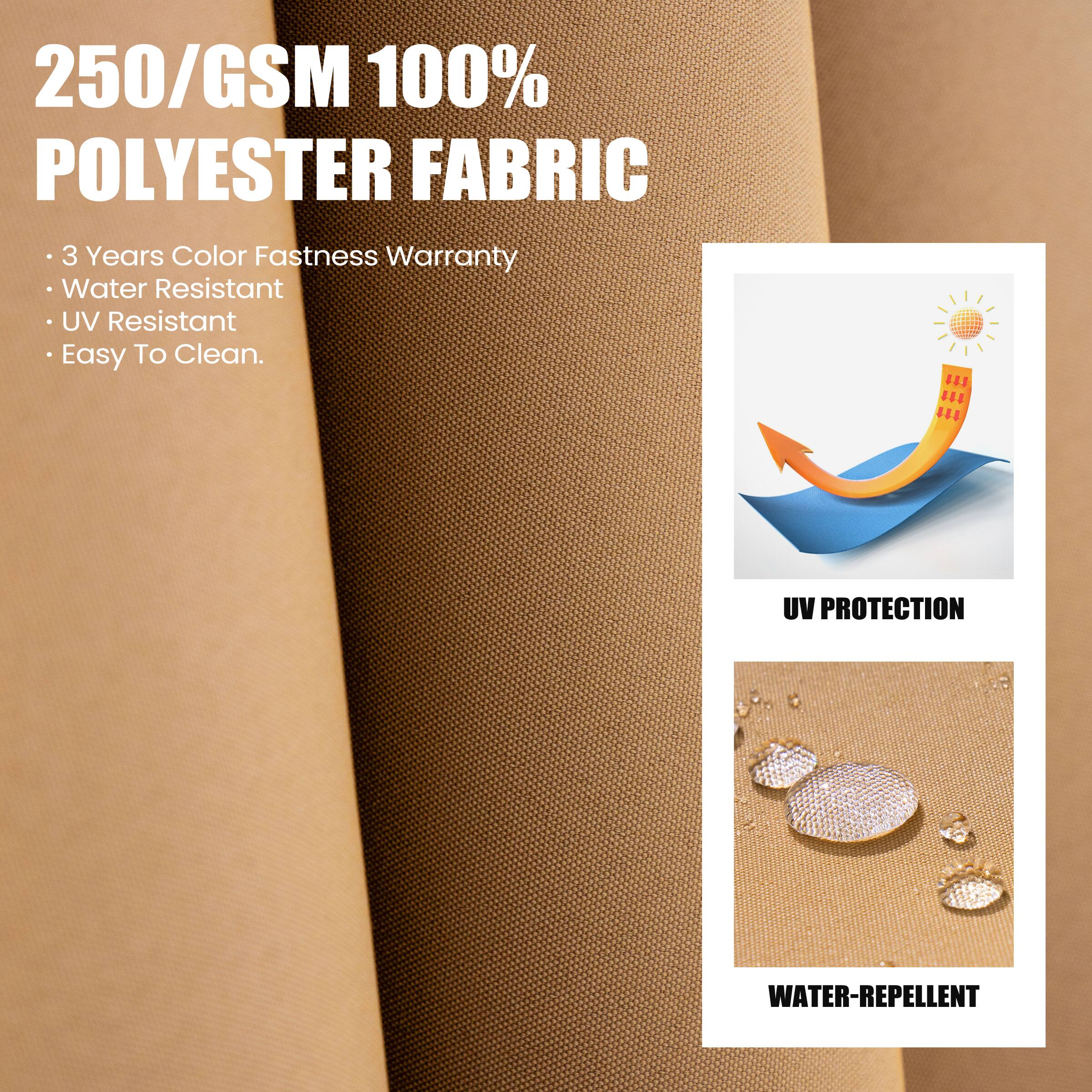 250/GSM 100% POLYESTER FABRIC

- 3 Years Color Fastness Warranty
- Water Resistant
- UV Resistant
- Easy To Clean.

UV PROTECTION

WATER-REPELLENT