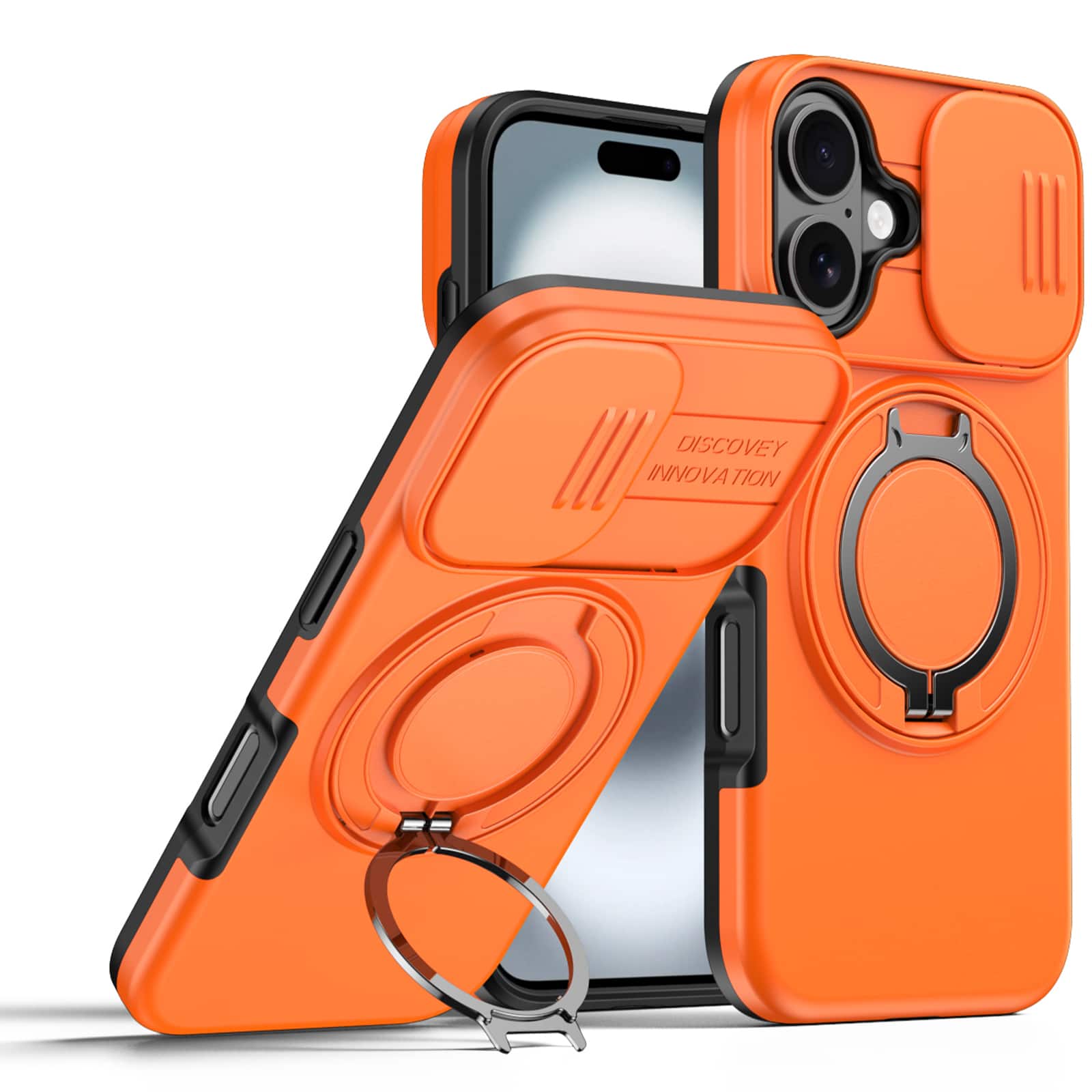 Dteck - Heavy Duty Case for Apple iPhone 17 with Foldable Ring Stand,Bulit in Slide Camera Cover,Fit Magnetic Car Mount - Orange