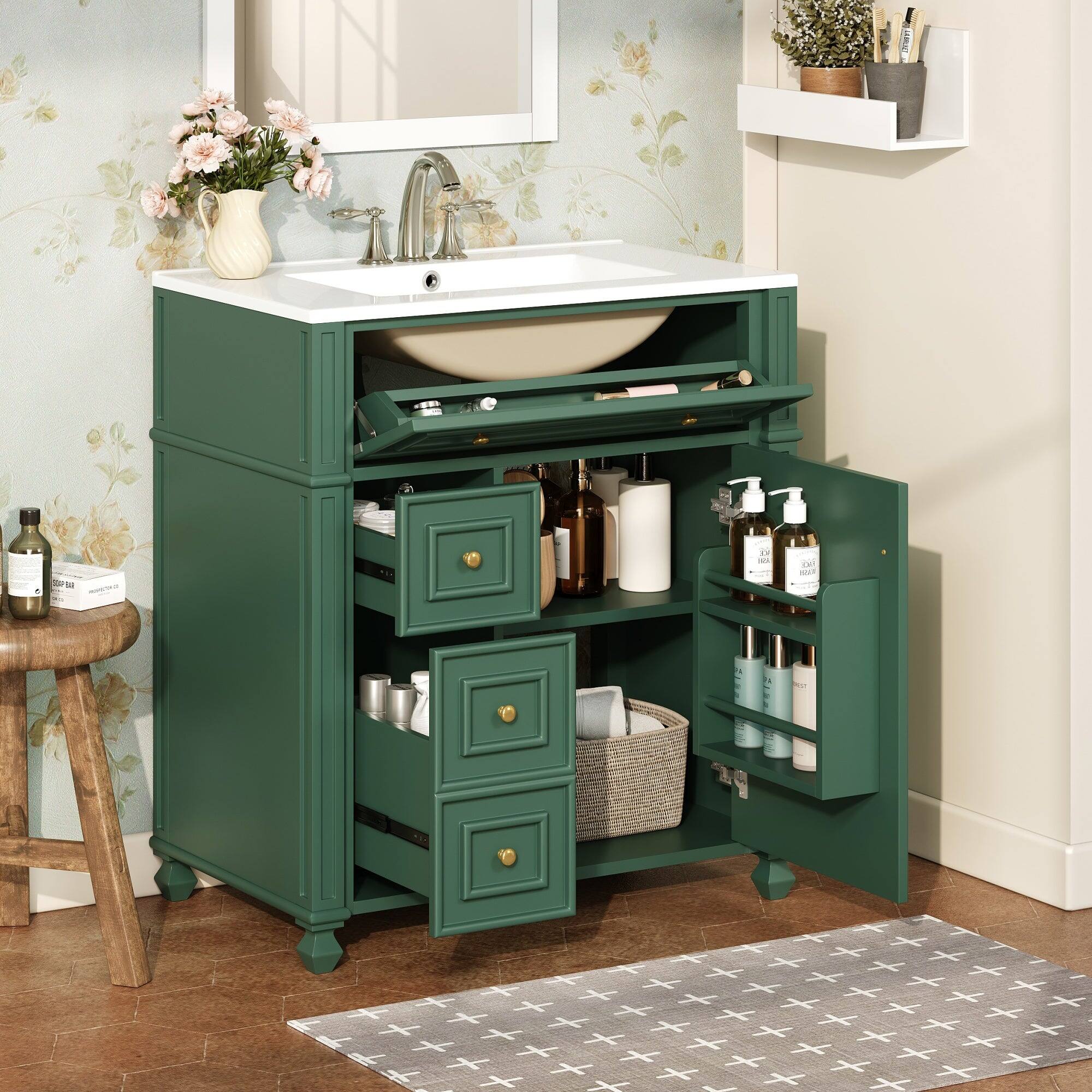 Alt View 5. Boyel Living - 30 Inch French Style Bathroom Vanity with Ceramic Sink and Storage Green - Green.