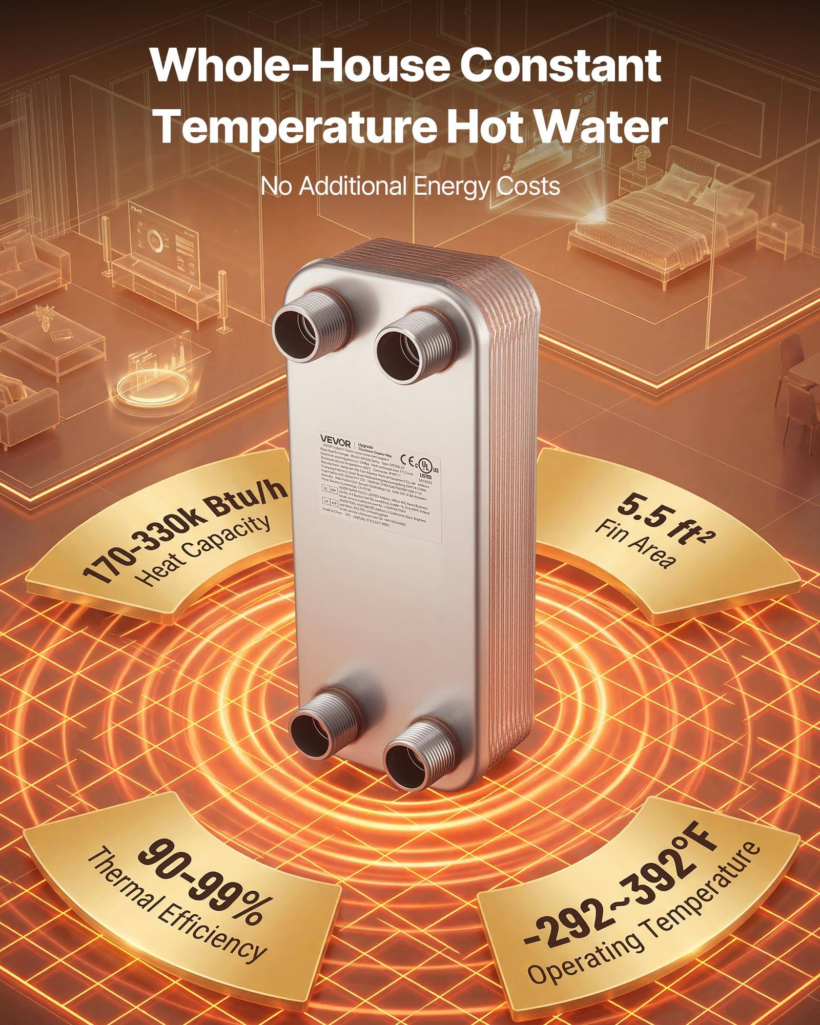 Whole-House Constant Temperature Hot Water  
No Additional Energy Costs  
VEVOR  
170-330k Btu/h Heat Capacity  
5.5 ft² Fin Area  
90-99% Thermal Efficiency  
-292~392°F Operating Temperature