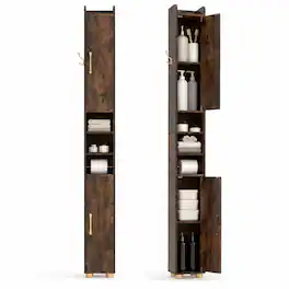 Costway - 2 PCS Narrow Bathroom Cabinet with 2 Doors & Adjustable Shelves for Small Spaces - Rustic Brown