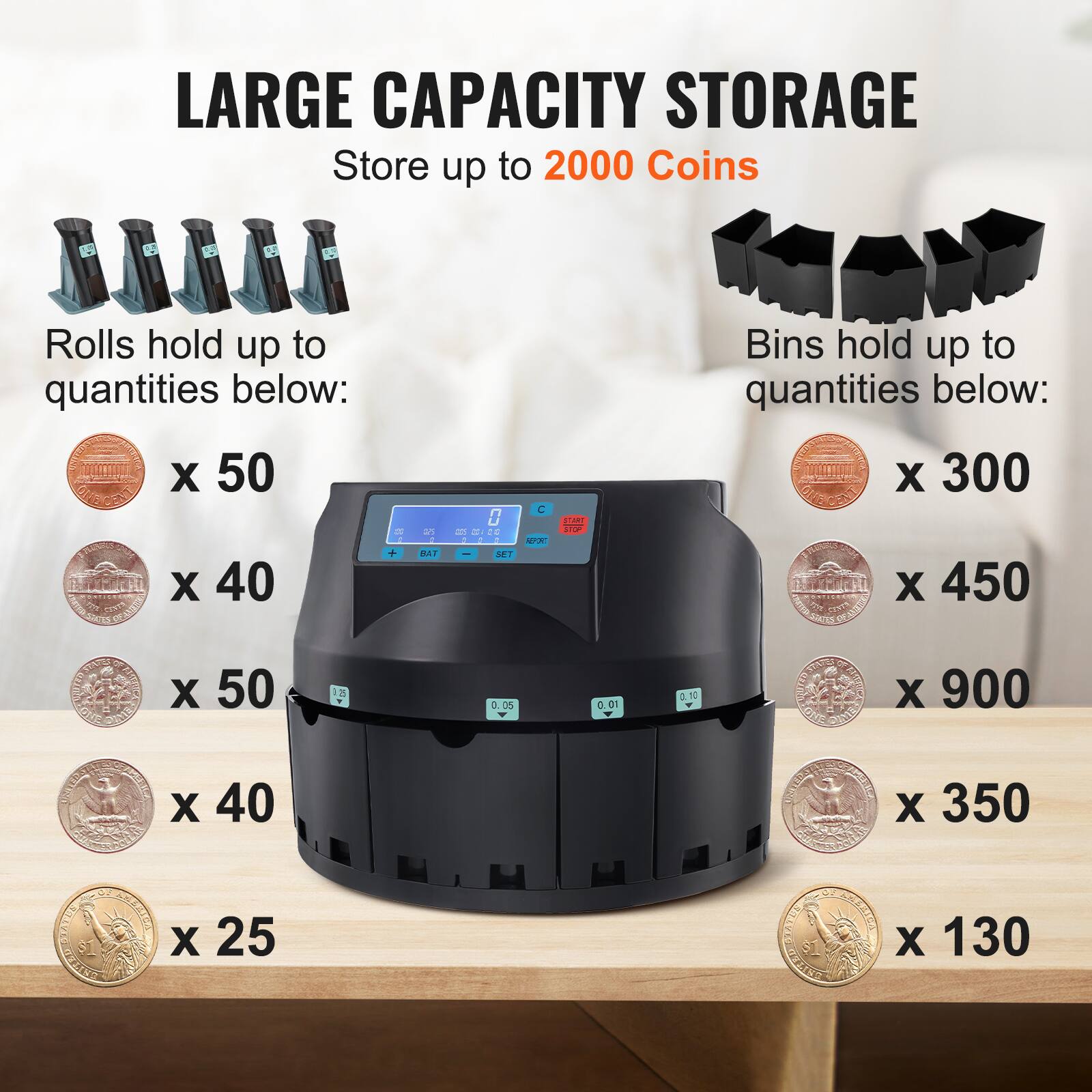 LARGE CAPACITY STORAGE  
Store up to 2000 Coins  

Rolls hold up to quantities below:  
x 50  
x 40  
x 50  
x 40  
x 25  

Bins hold up to quantities below:  
x 300  
x 450  
x 900  
x 350  
x 130