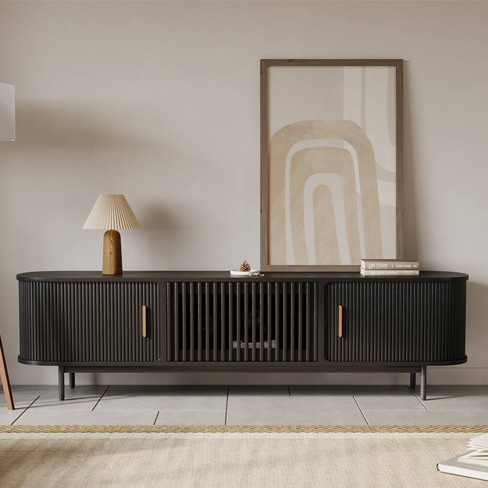 Angle. POVISON - 79"Mid-Century Modern Tambour Door TV Stand - Black.