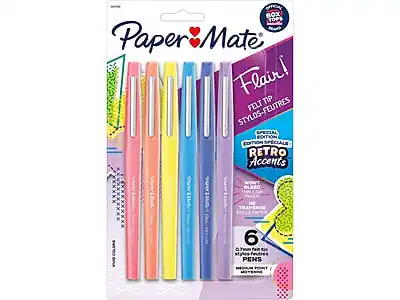 Paper Mate Flair!
Felt Tip Pens
Special Edition: Retro Accents
6 Pens
0.7mm Felt Tip
Medium Point
Won't Bleed Through
Optical Eraser Included
Box Tops for Education