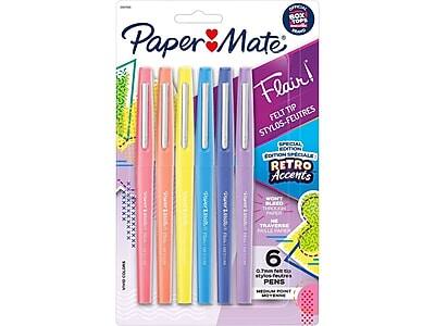 Paper Mate Flair!  
Felt Tip Pens  
Special Edition: Retro Accents  
6 Pens  
0.7mm Felt Tip  
Medium Point  
Won't Bleed Through  
Optical Eraser Included  
Box Tops for Education