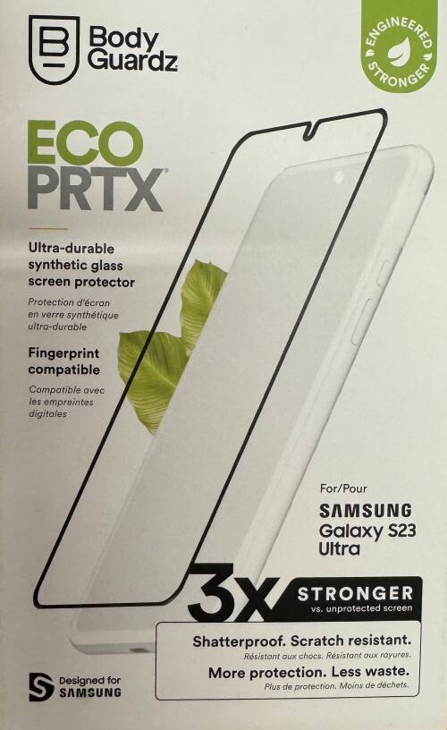 Body Guardz

ECO PRTX

Ultra-durable synthetic glass screen protector  
Protection d'écran en verre synthétique ultra-durable

Fingerprint compatible  
Compatible avec les empreintes digitales

For/Pour  
SAMSUNG Galaxy S23 Ultra

3X STRONGER  
vs. unprotected screen

Shatterproof. Scratch resistant.  
Résistant aux chocs. Résistant aux rayures.

More protection. Less waste.  
Plus de protection. Moins de déchets.

Designed for  
SAMSUNG

ENGINEERED STRONGER
