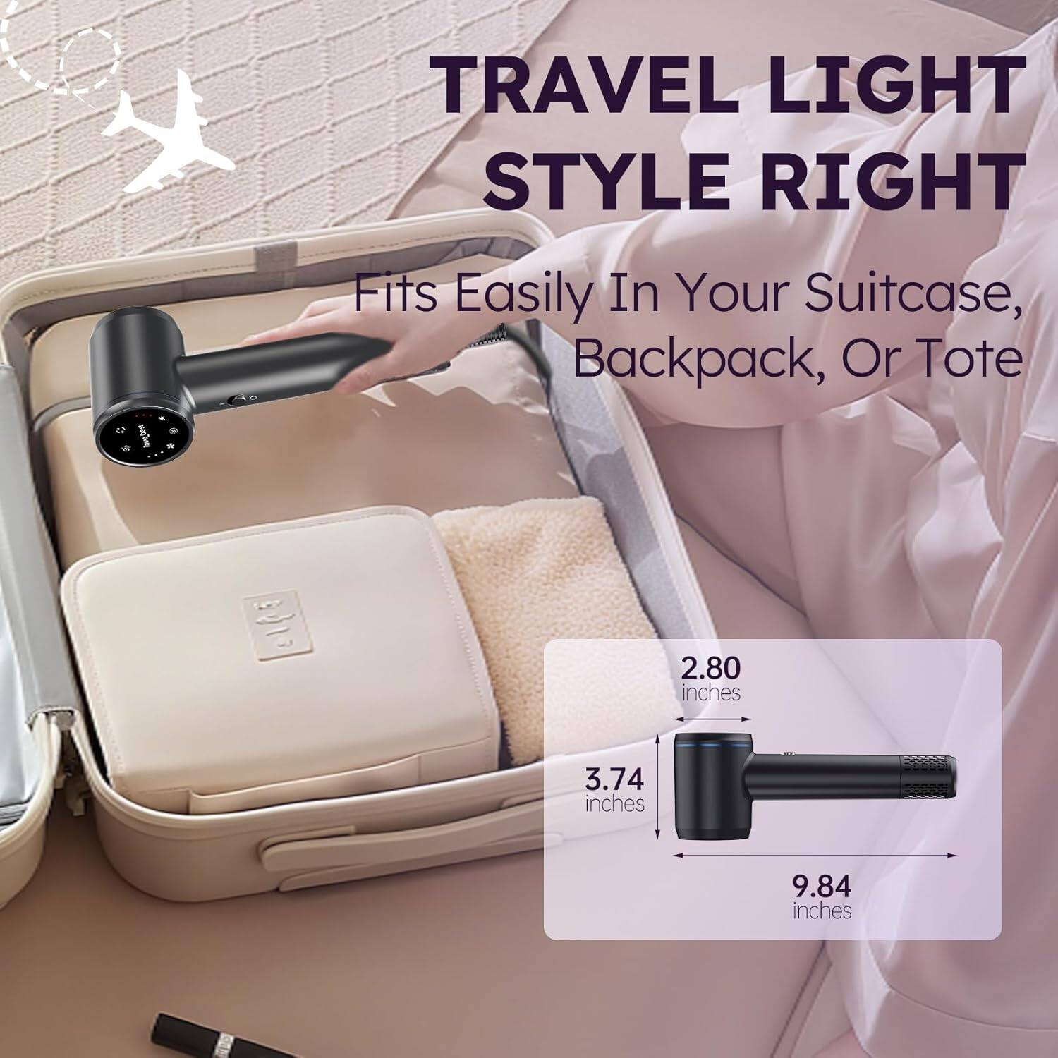 TRAVEL LIGHT STYLE RIGHT  
Fits Easily In Your Suitcase, Backpack, Or Tote  

2.80 inches  
3.74 inches  
9.84 inches