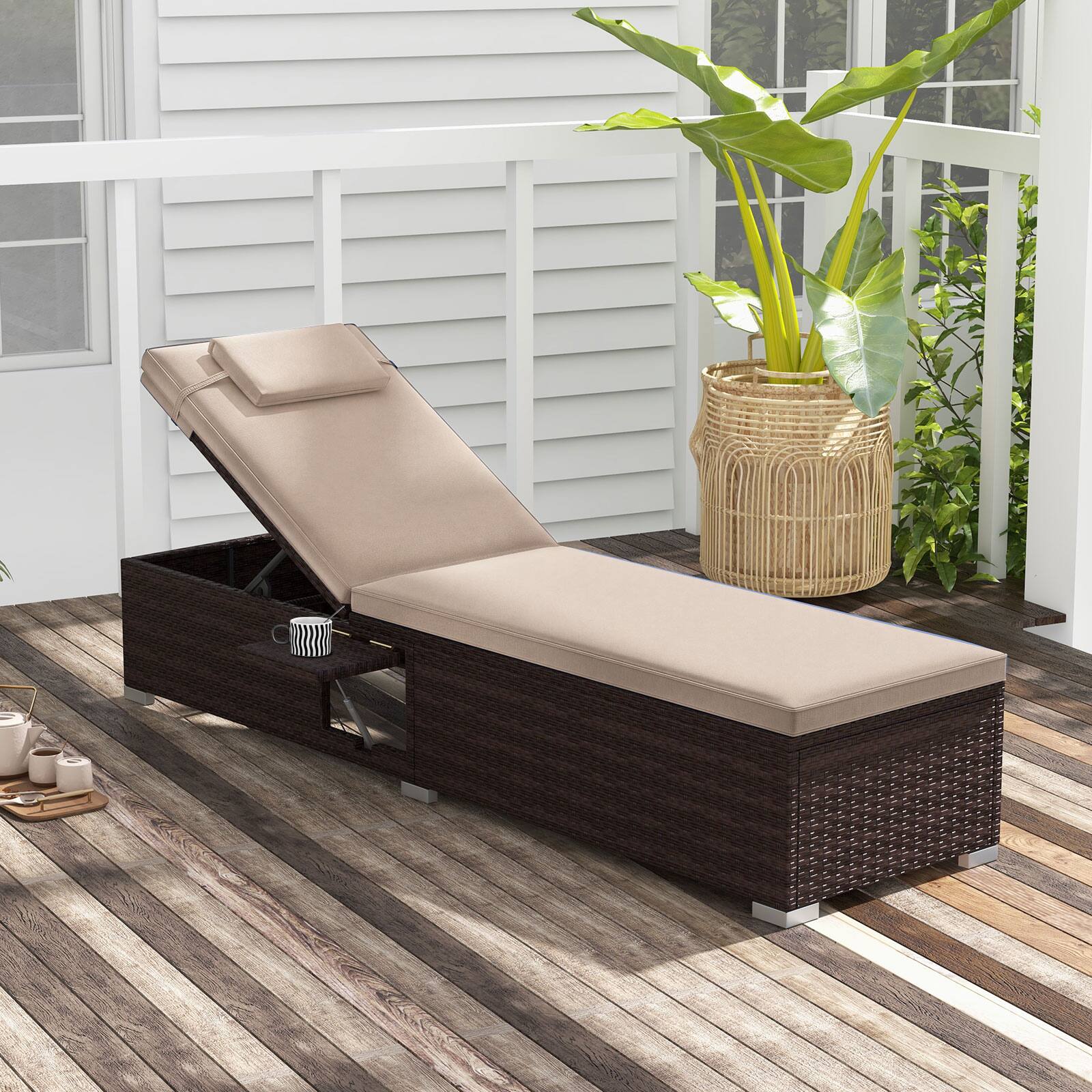 Alt View 1. Costway - Costway 2PCS Patio Chaise Lounge with 6-level Backrest Comfy Seat Cushion Headrest Backyard - Mix Brown+Beige.