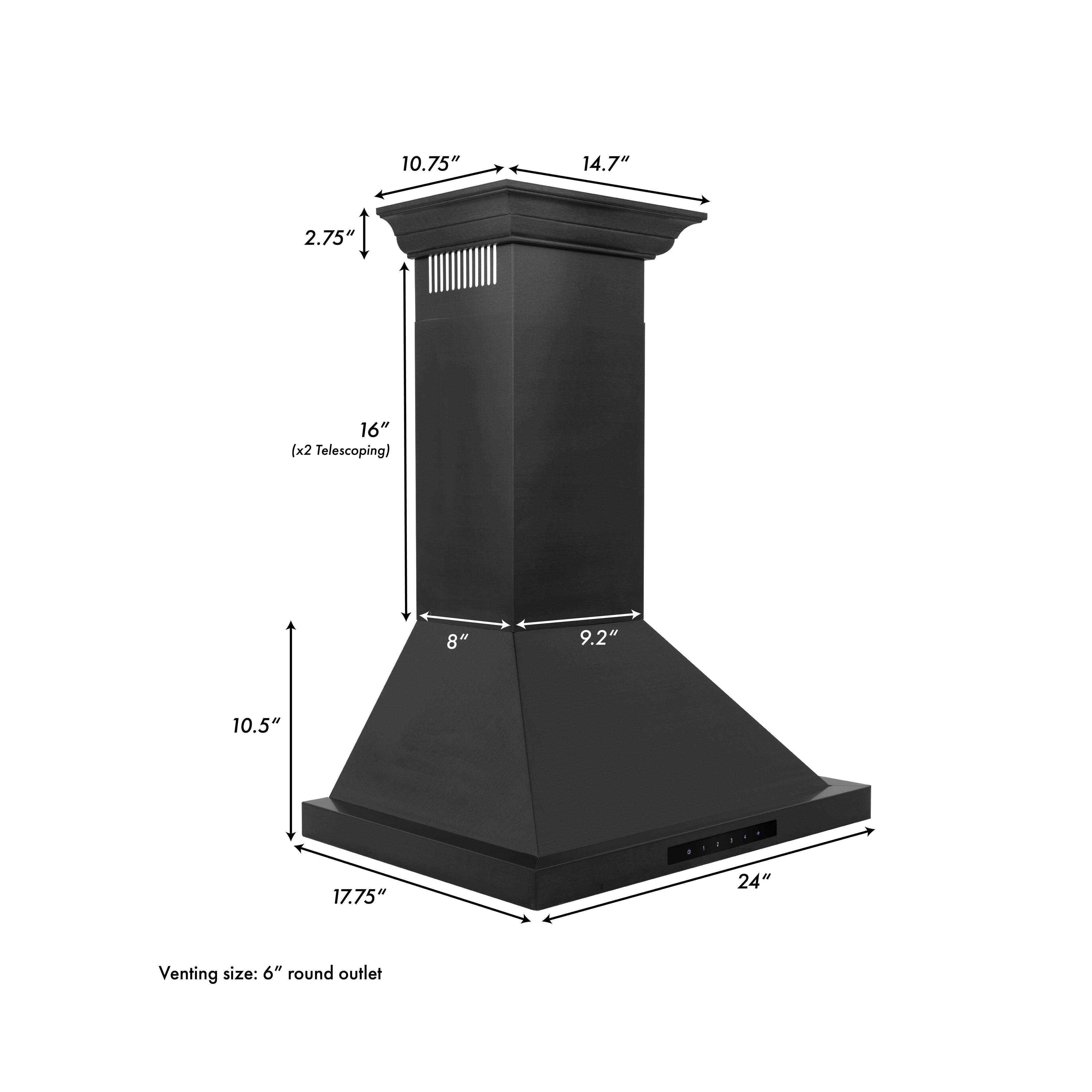 10.75" 14.7" 2.75" 16" (x2 Telescoping) 8" 9.2" 10.5" 17.75" 24"  
Venting size: 6" round outlet