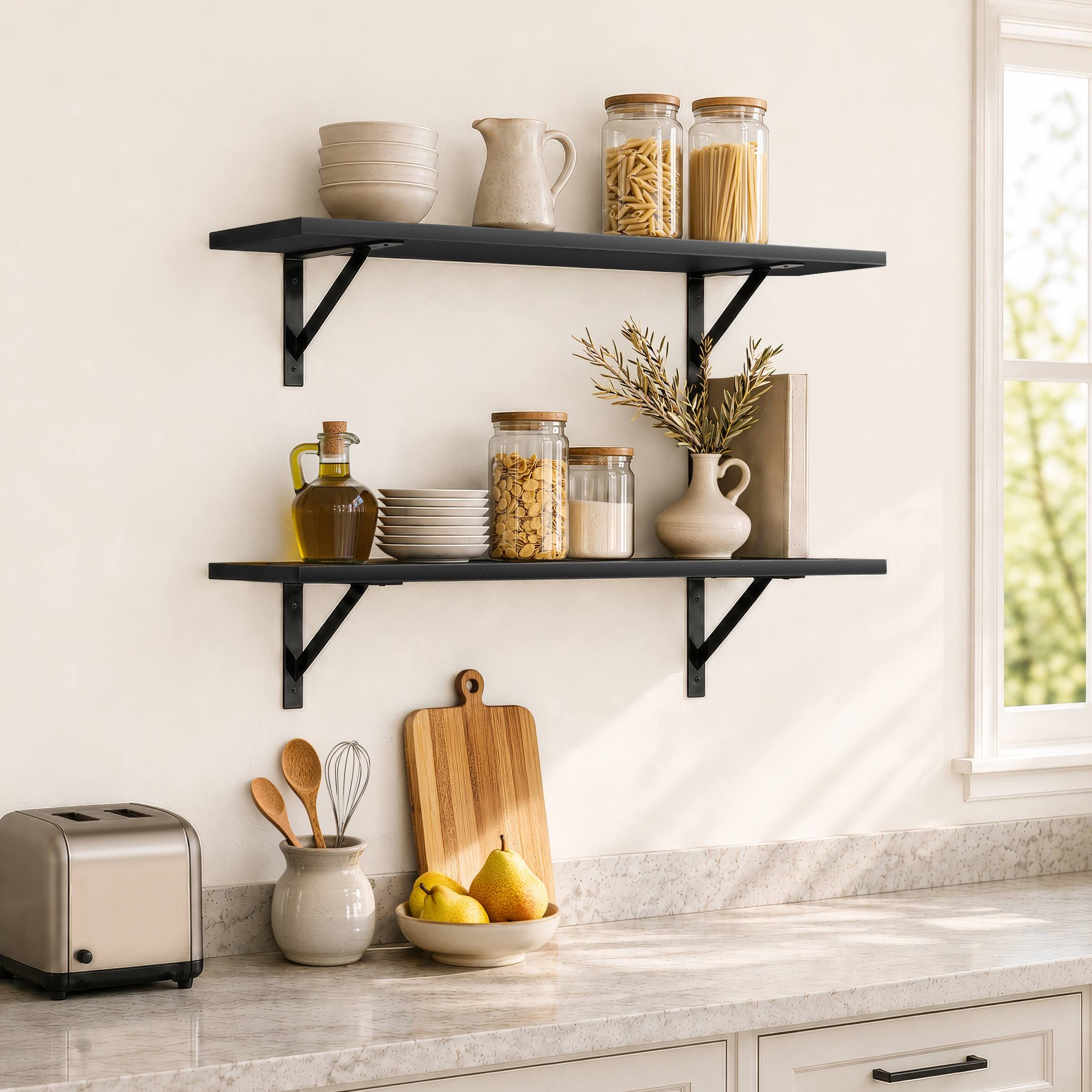 Alt View 5. Sorbus - Wall Shelves 31.5" with Black Metal Brackets, Set of 2, Black - Black.