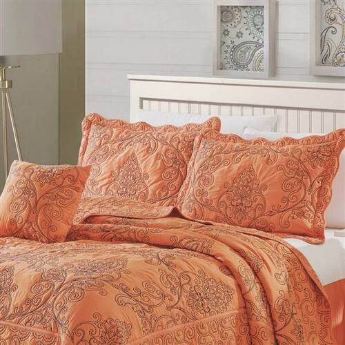 Angle. Hivvago - Queen size Orange Nectarine Damask Embroidered 4 Piece Oversized Bedspread Set - Orange.