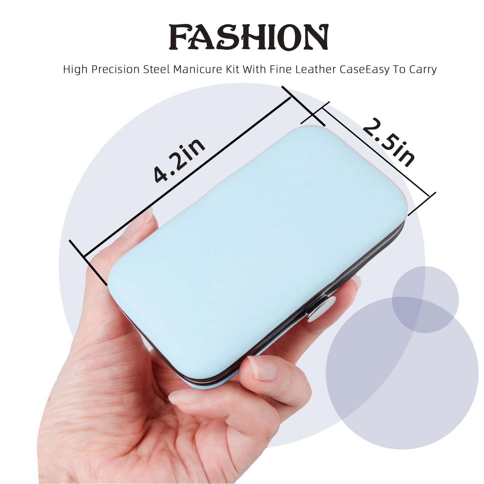 FASHION  
High Precision Steel Manicure Kit With Fine Leather Case  
Easy To Carry  

4.2in  
2.5in