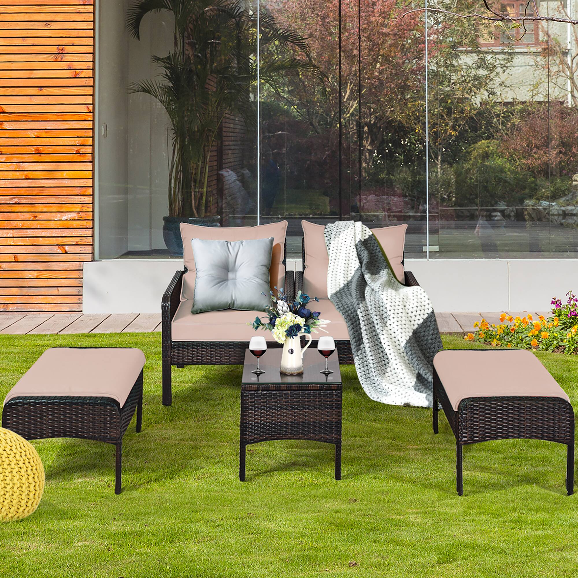 Alt View 5. Costway - Costway 5 PCS Patio Rattan Wicker Furniture Set Sofa Ottoman Coffee Table Cushioned Yard - White.