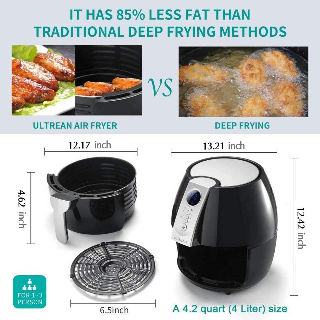 IT HAS 85% LESS FAT THAN TRADITIONAL DEEP FRYING METHODS

ULTREAN AIR FRYER 12.17 inch 4.62 inch 6.5inch

DEEP FRYING 13.21 inch

A 4.2 quart (4 Liter) size 12.42 inch

FOR 1~3 PERSON