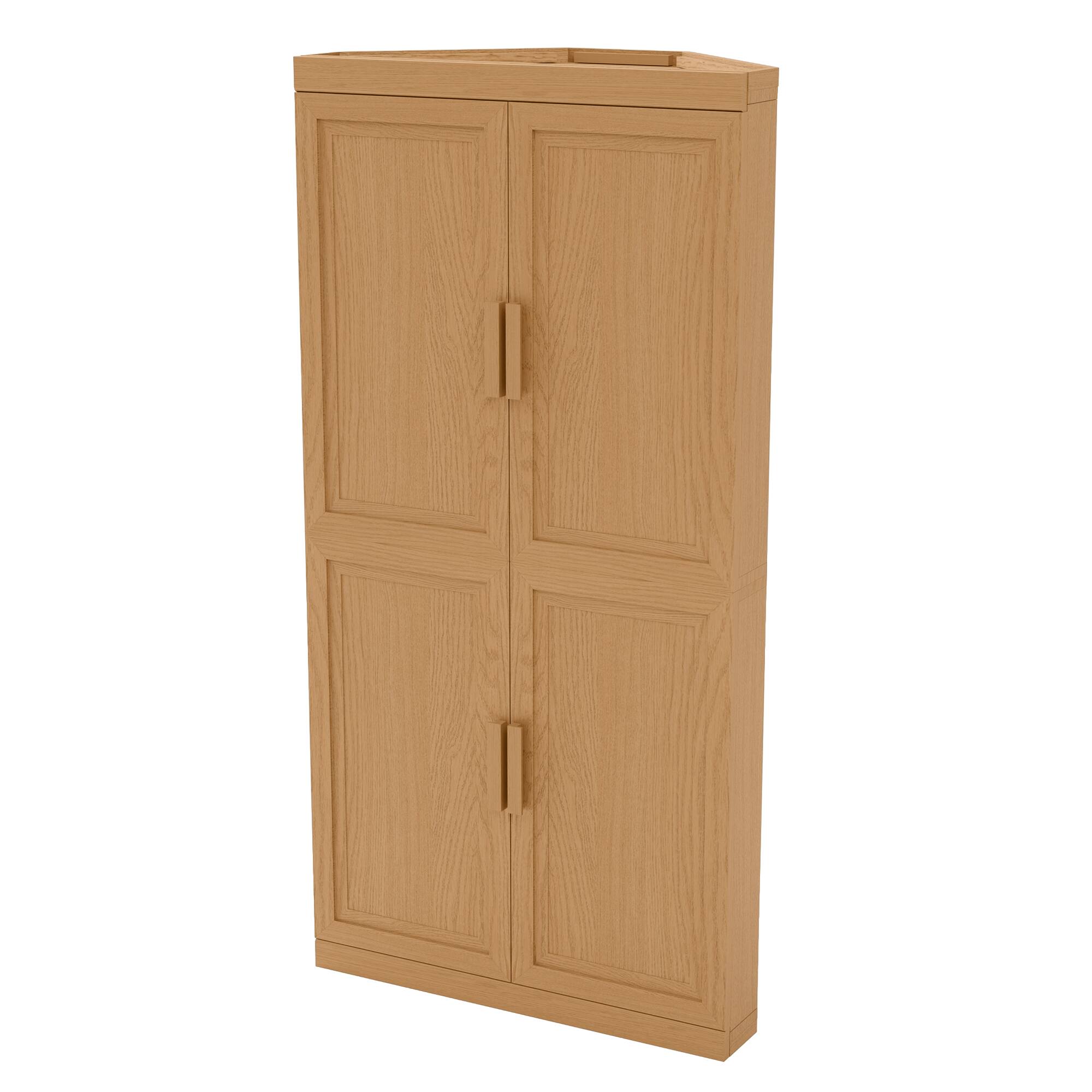 Left. PexFix - 62" Farmhouse Corner Accent Storage Cabinet with Solid Wood Doors and Adjustable Shelves for Space-Saving - Natural.