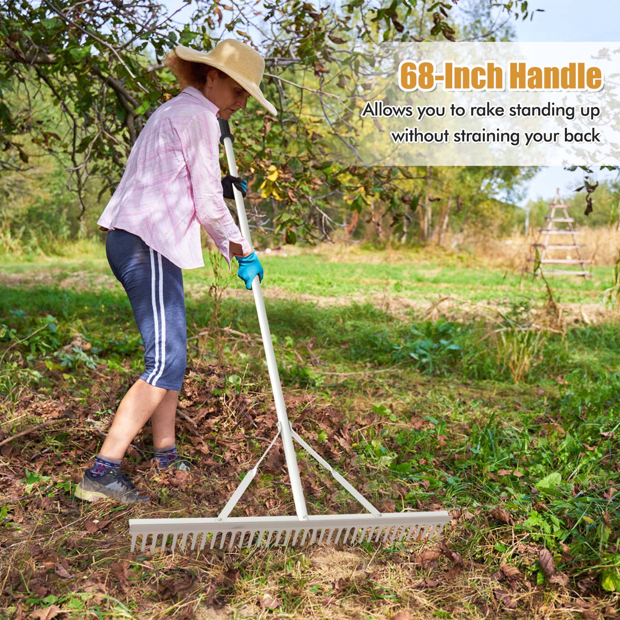 The text on the image reads: "68-Inch Handle Allows you to rake standing up without straining your back."