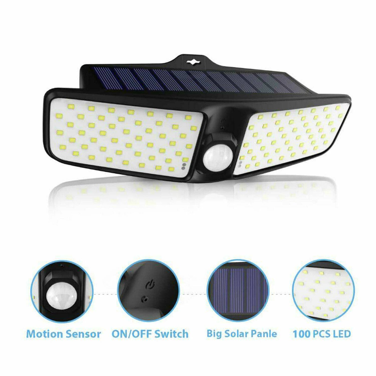 Motion Sensor  
ON/OFF Switch  
Big Solar Panel  
100 PCS LED