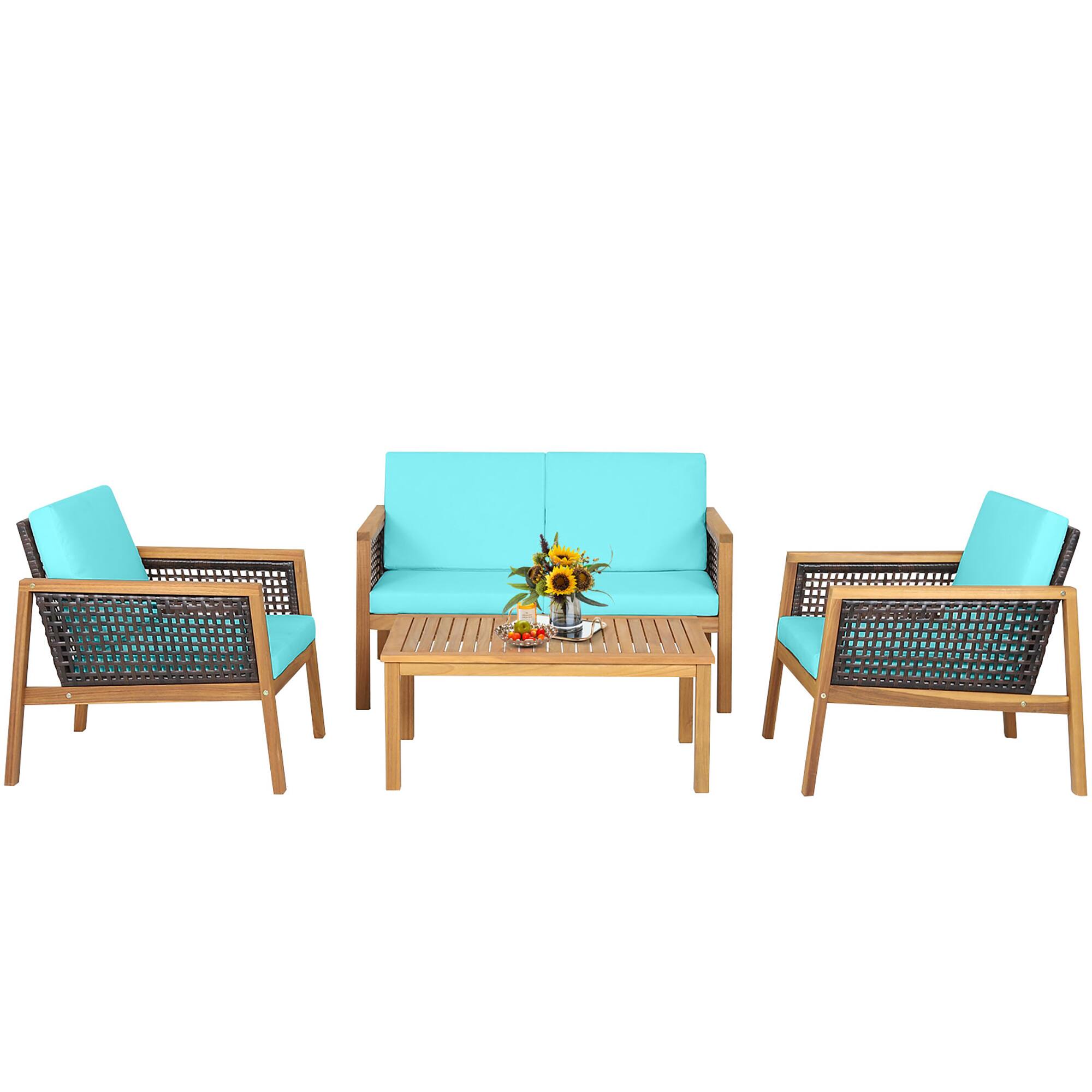 Alt View 1. Gymax - Gymax 4PCS Patio Acacia Wood Furniture Set PE Rattan Conversation Set w/ Turquoise Cushions - Turquoise.