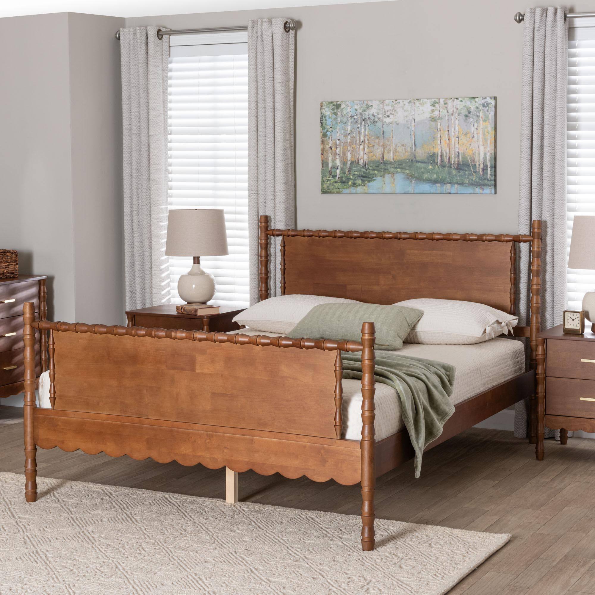 Alt View 3. Baxton Studio - Danette Bobbin Wood Platform Bed, Queen - Walnut Brown.