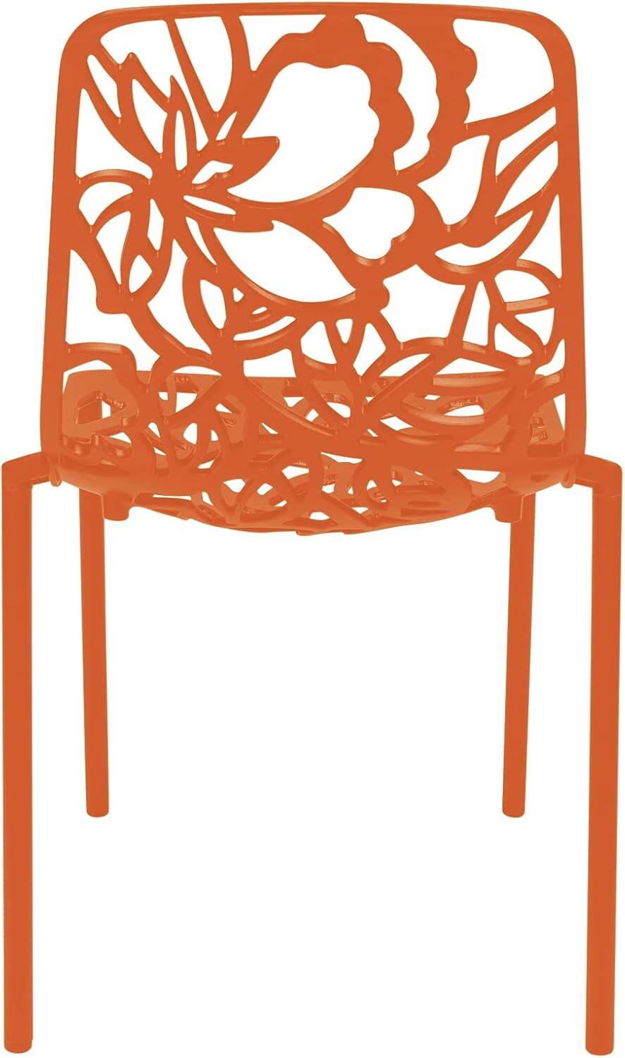 Alt View 1. LeisureMod - Devon (Set of 4) Modern Floral Stackable Aluminum Chair - Weather Resistant Indoor/Outdoor Dining Chair - Orange.