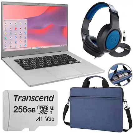 - Transcend 256GB microSDXC I A1 V30
- Samsung laptop
- Headphones with a blue logo
- Blue laptop bag with a strap
- USB-C adapter