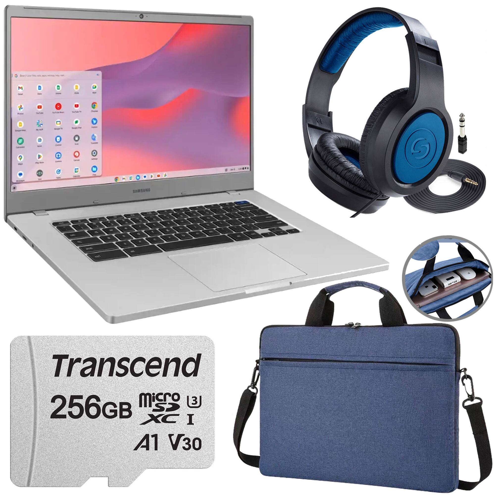 - Transcend 256GB microSDXC I A1 V30
- Samsung laptop
- Headphones with a blue logo
- Blue laptop bag with a strap
- USB-C adapter