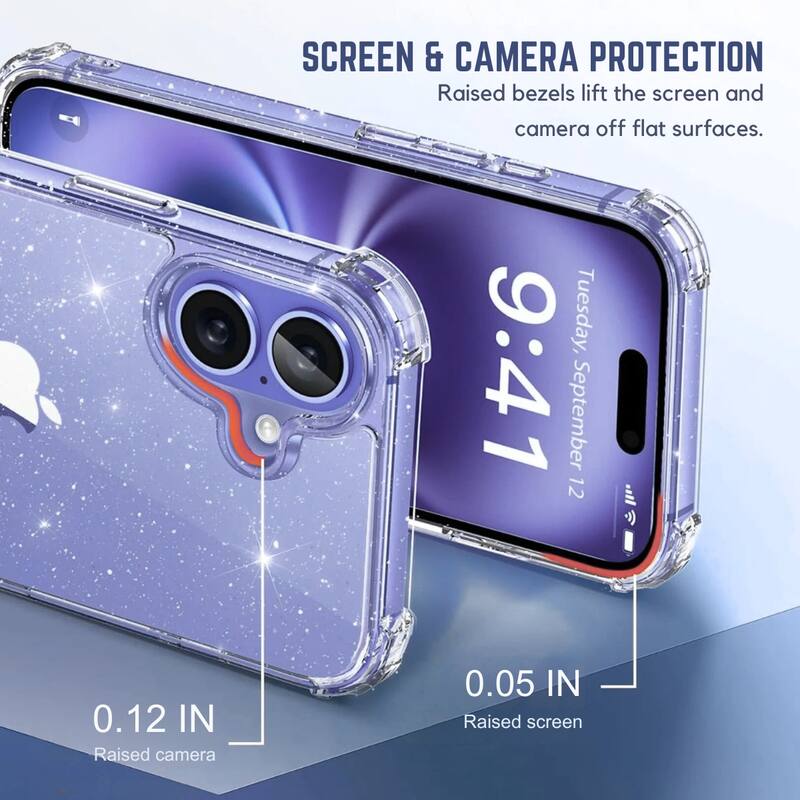 SCREEN & CAMERA PROTECTION  
Raised bezels lift the screen and camera off flat surfaces.  

0.12 IN  
Raised camera  

0.05 IN  
Raised screen  

Tuesday, 9:41  
September 12
