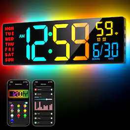 Easyera - 16.5" Large Digital Wall Clock, App Control, RGB LED Lights, Music Sync, Auto DST, Plug-in for Classroom, Home, Gaming - Black