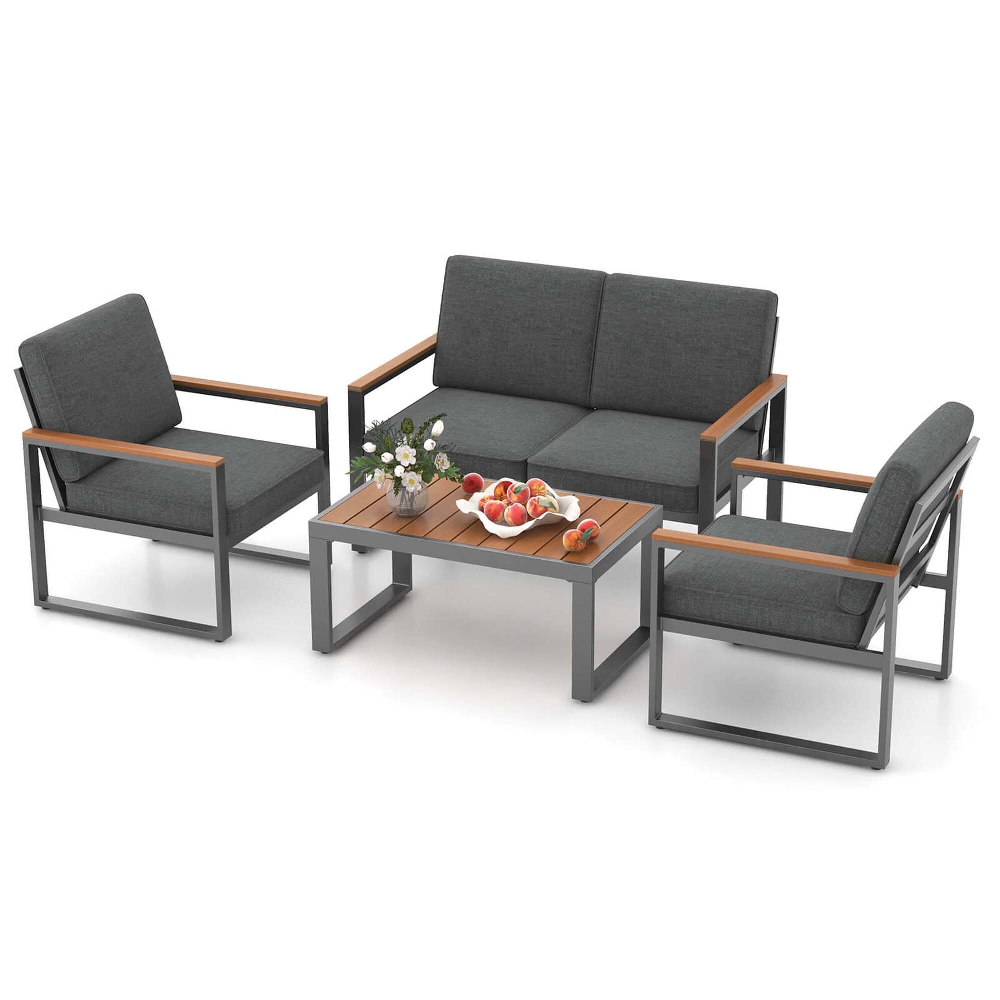 Front. Costway - 4 PCS Patio Aluminum Furniture Set Wood-Plastic Armrests & Tabletop for Balcony - Gray.