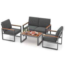 Costway - 4 PCS Patio Aluminum Furniture Set Wood-Plastic Armrests & Tabletop for Balcony - Gray