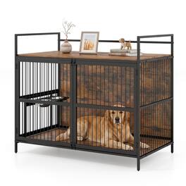 WELLFOR - Wooden Dog Crate Furniture for Medium Dogs, Heavy Duty Metal Dog Cage Dog Kennel with Bowls and Rotatable Holder - Brown