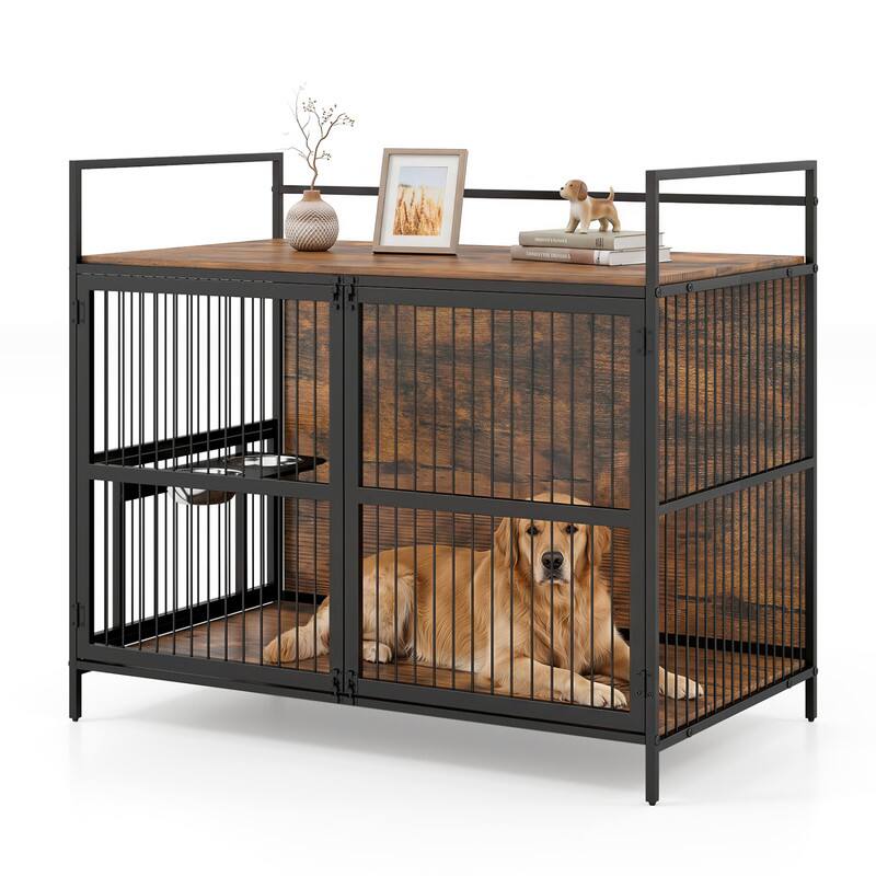 Front. WELLFOR - Wooden Dog Crate Furniture for Medium Dogs, Heavy Duty Metal Dog Cage Dog Kennel with Bowls and Rotatable Holder - Brown.