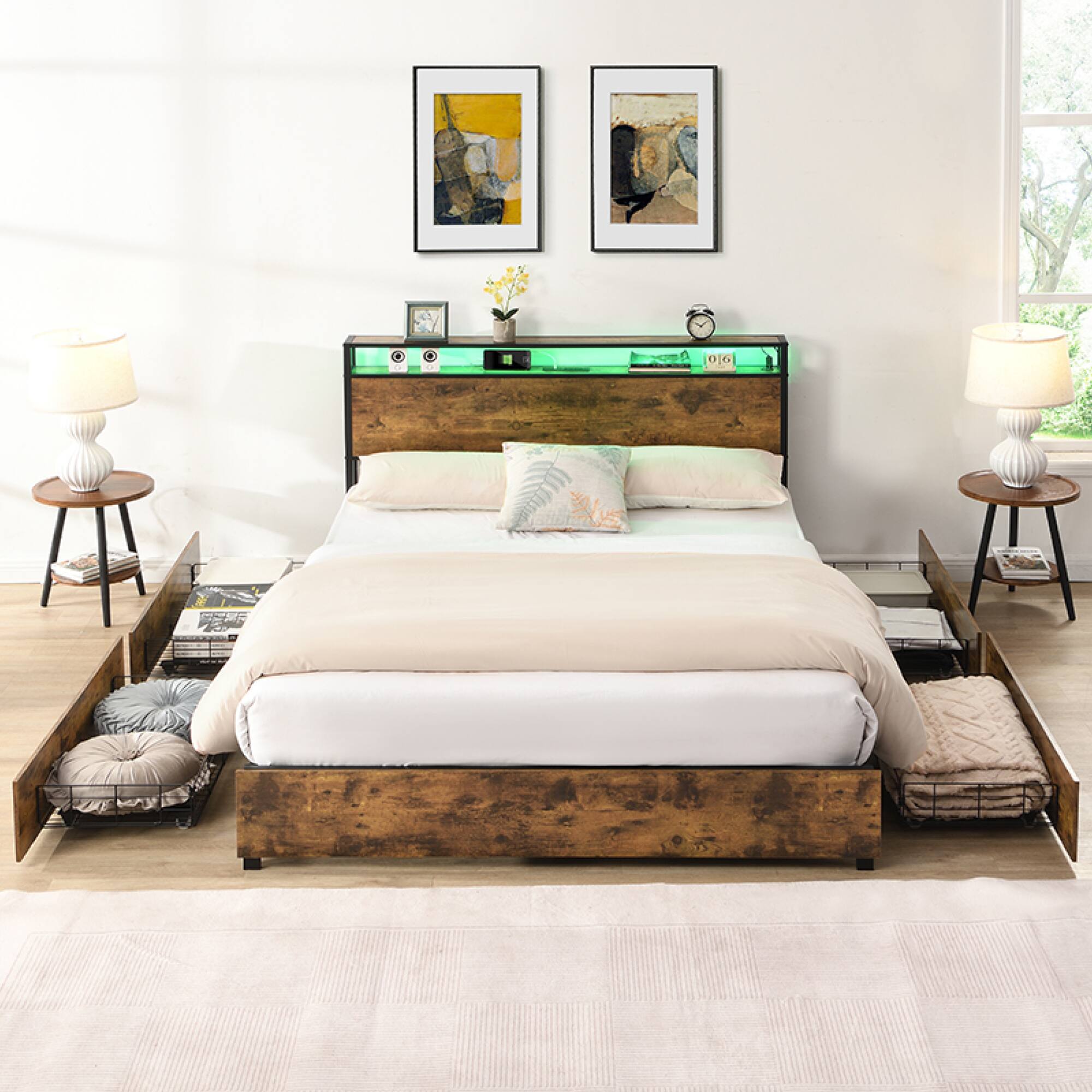 Back. GOODSILO - Full Size Storage Bed Frame with Charging Station and LED Lighting for Modern Bedrooms - Black+Brown.