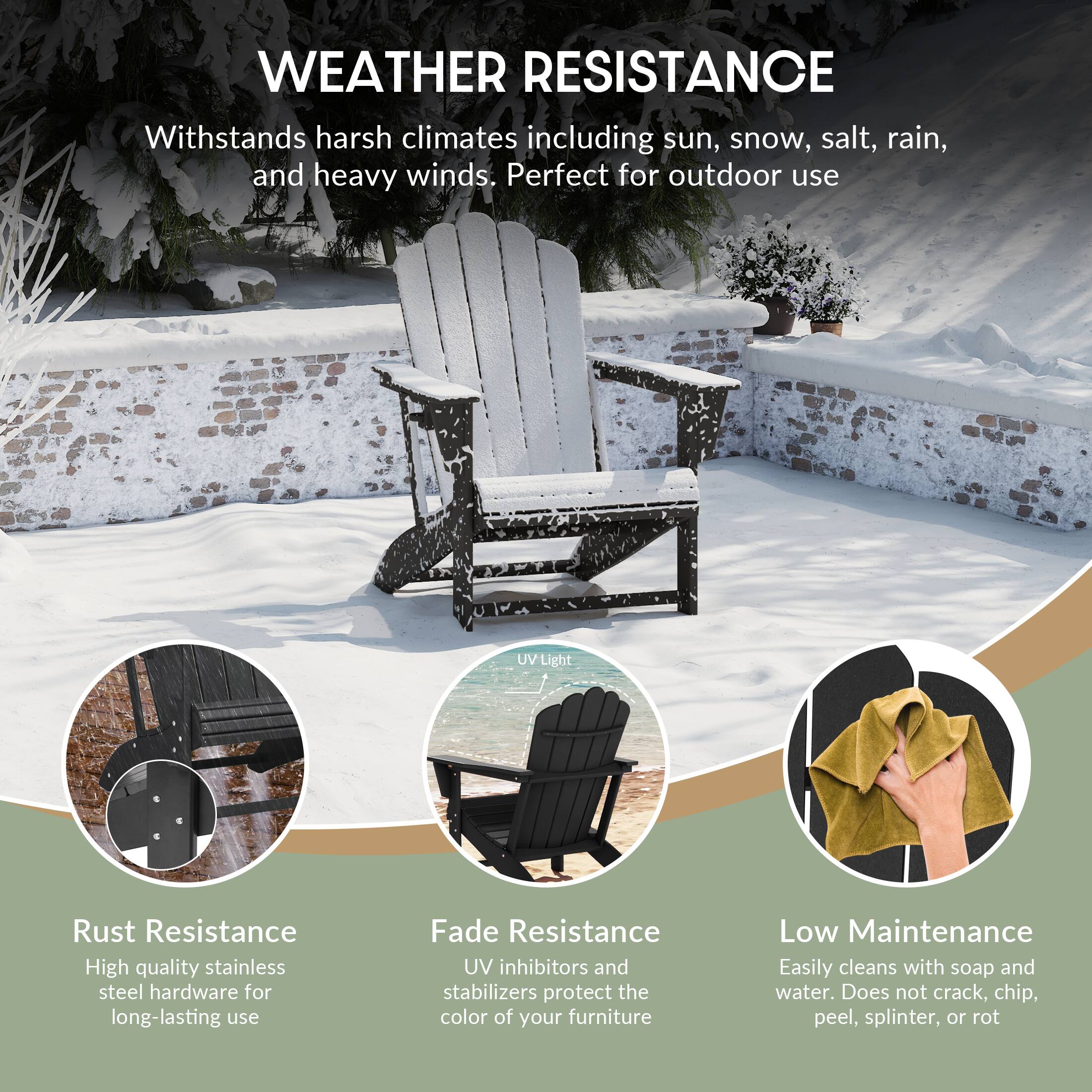 WEATHER RESISTANCE

Withstands harsh climates including sun, snow, salt, rain, and heavy winds. Perfect for outdoor use

UV Light

Rust Resistance
High quality stainless steel hardware for long-lasting use

Fade Resistance
UV inhibitors and stabilizers protect the color of your furniture

Low Maintenance
Easily cleans with soap and water. Does not crack, chip, peel, splinter, or rot