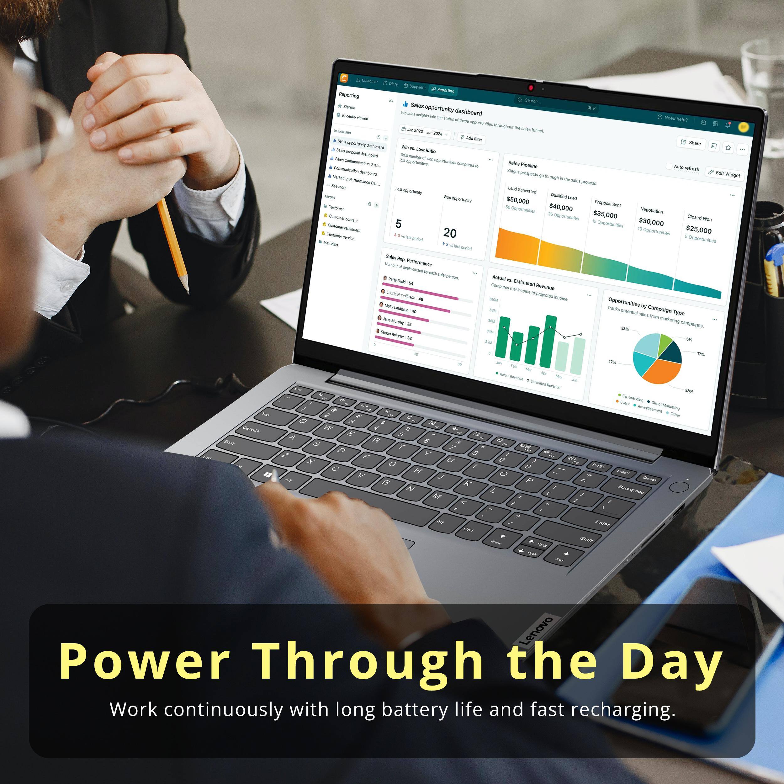 - Sales opportunity dashboard
- Reporting
- Sels
- Opportunity dashboard
- Share
- Taua
- $00,000
- $60,000
- $30,000
- $30,000
- $25,000
- comoore
- Coporionies
- tatta Campatan
- Tyom
- mpg
- 2
- 0 3
- V O 2 N E d R F
- a X T : 0 Y 8 r x F 52 M e G 2 e
- C H - V a 0 2 @ P 2
- K N I
- Aao M
- Z
- > 7 a UAN De

Lenovo Power Through the Day
Work continuously with long battery life and fast recharging.
