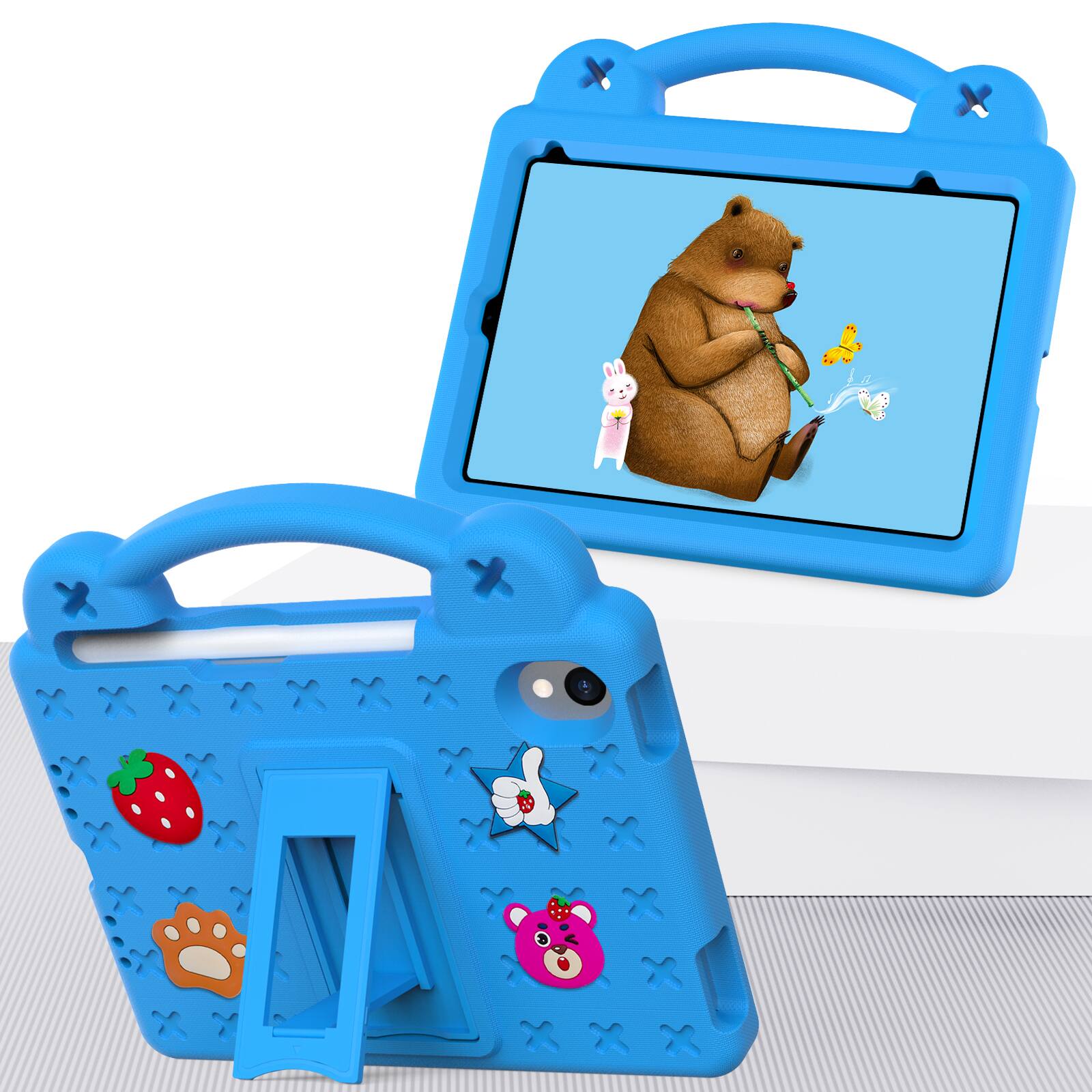 Angle. Dteck - For Apple iPad mini (A17 Pro) 2024/iPad mini 6th Cute Cartoon Kid Case Built-in Kickstand Handle Grip Shockproof Cover - Blue.