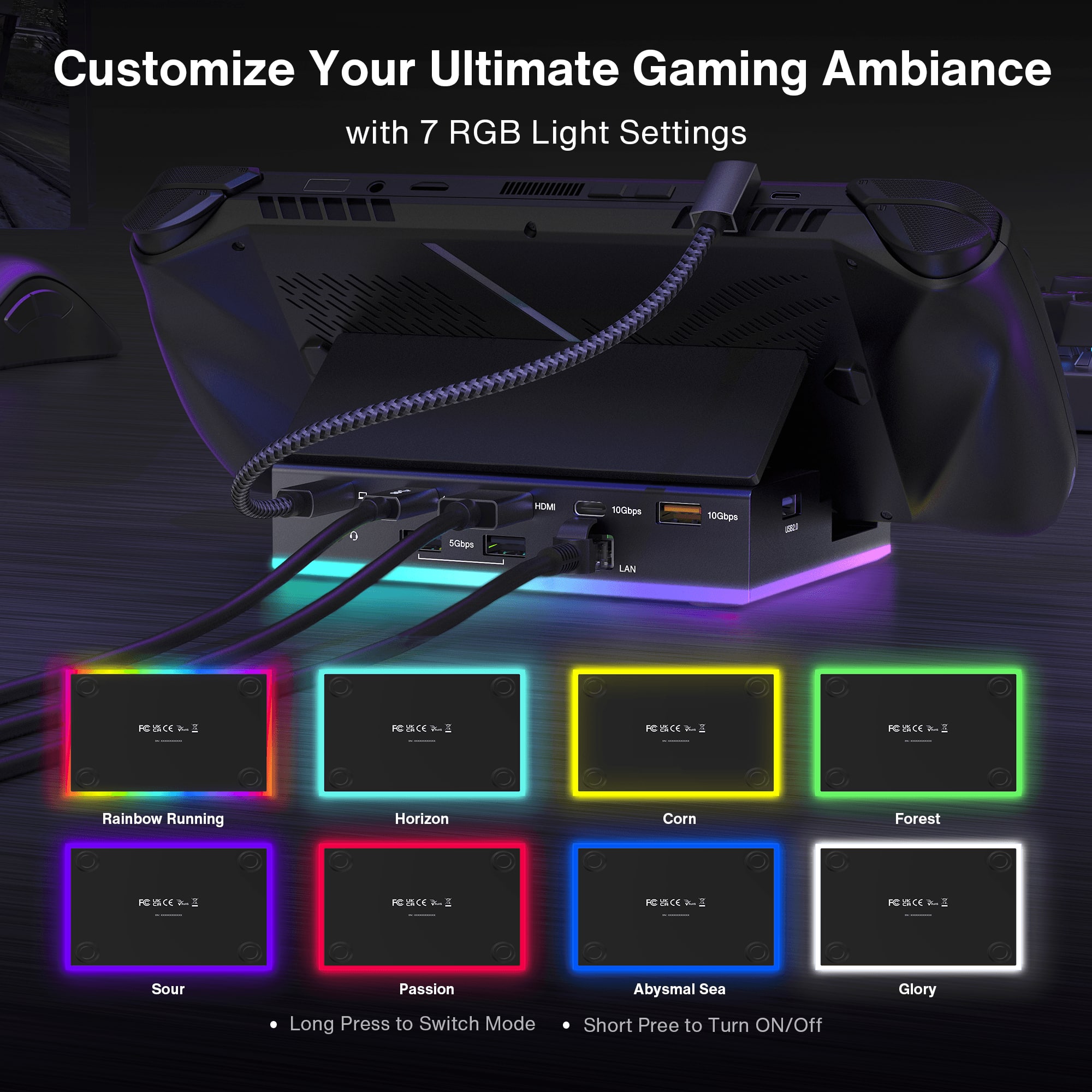 Customize Your Ultimate Gaming Ambiance with 7 RGB Light Settings
SGkos HOM 10Gbps 100bge - LAN ICE a PCE ~ NI >I a aC
Rainbow Running
Horizon
Corn
Forest
Sour
Passion
Abysmal Sea
Glory
Long Press to Switch Mode
Short Pree to Turn ON/Off