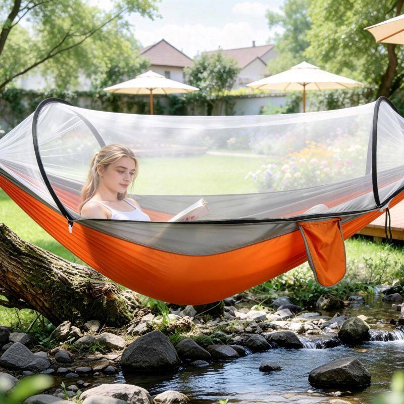Angle. Loheer - Loheer Portable Camping Hammock Tent with Pop-Up Mosquito Net Single Person Nylon Backpacking Travel Hammock - Army Green.