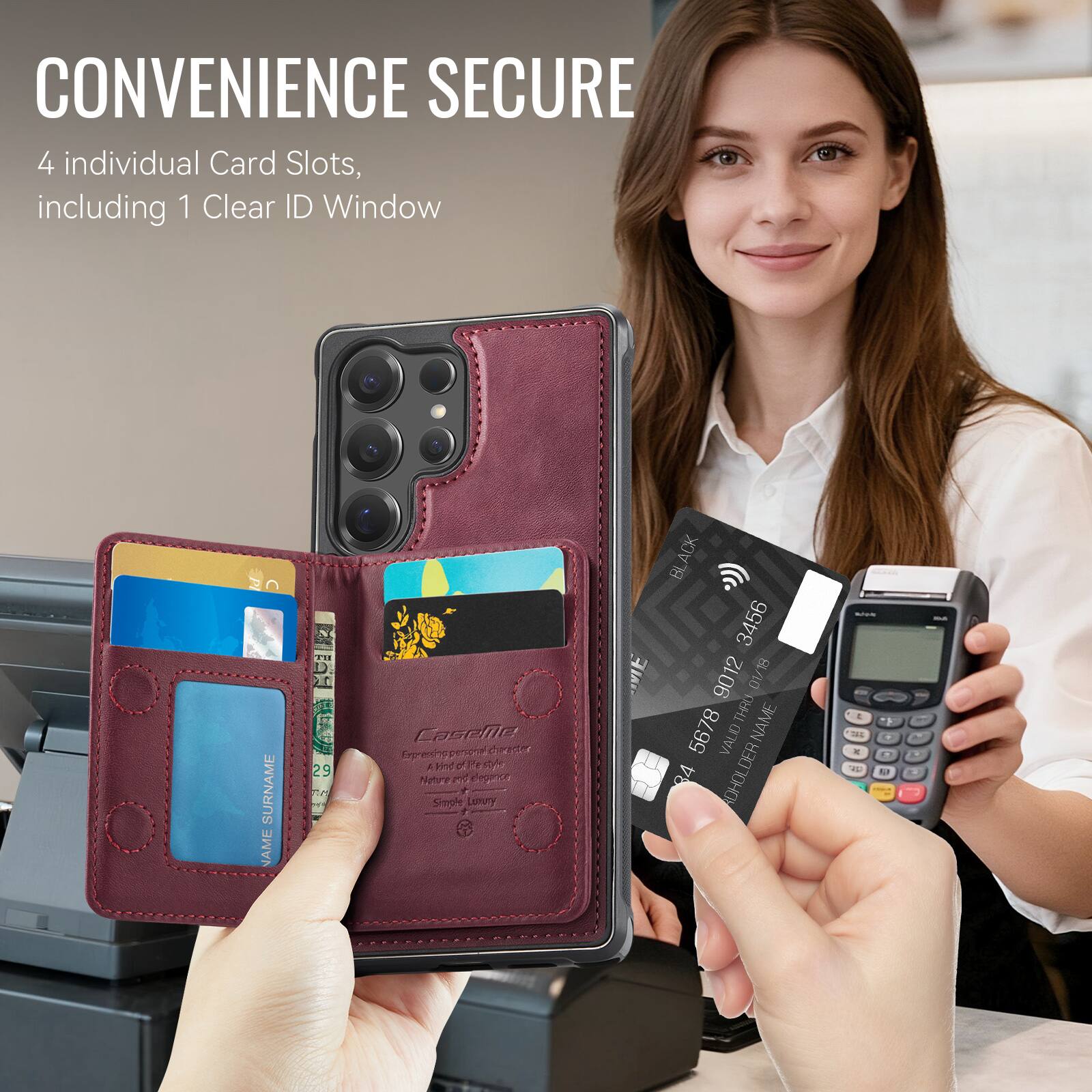 CONVENIENCE SECURE  
4 individual Card Slots, including 1 Clear ID Window  

SURNAME NAME  
F1 20 29 2  
Caselle Erprending dia c A Ho  
FA NAre  
pppnon 1  
Simole LImuTy mE  
ACK BL  
3456 9012 01/18  
DV THRO  
NAME 5678  
VALID 84  
CARDHOLDER