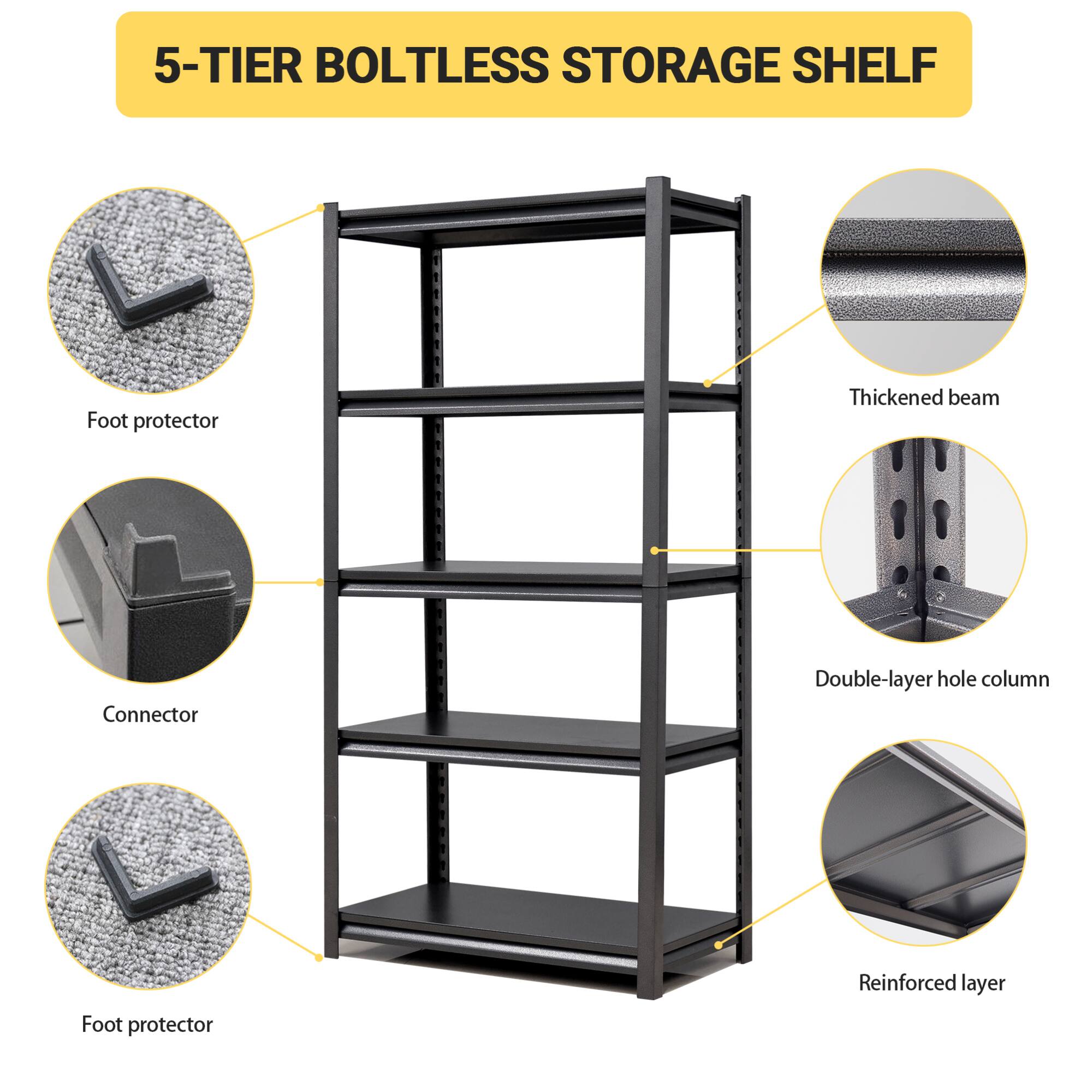 5-TIER BOLTLESS STORAGE SHELF

- Foot protector
- Thickened beam
- Connector
- Double-layer hole column
- Reinforced layer
- Foot protector