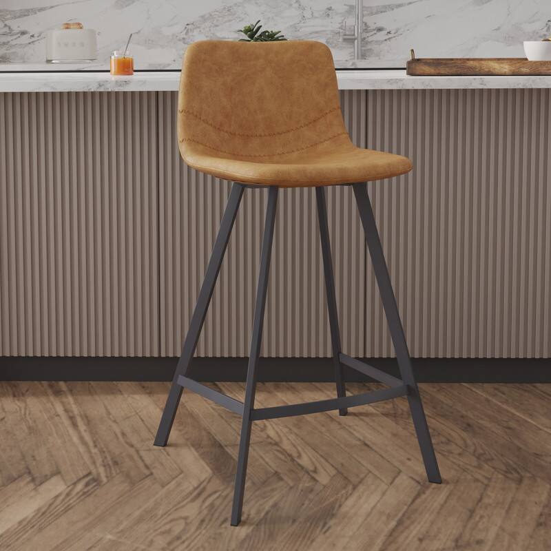 Angle. LeisureMod - Elland Counter Stool, Modern Upholstered Leather Counter Height Barstool with Iron Legs and Footrest - Light Brown.
