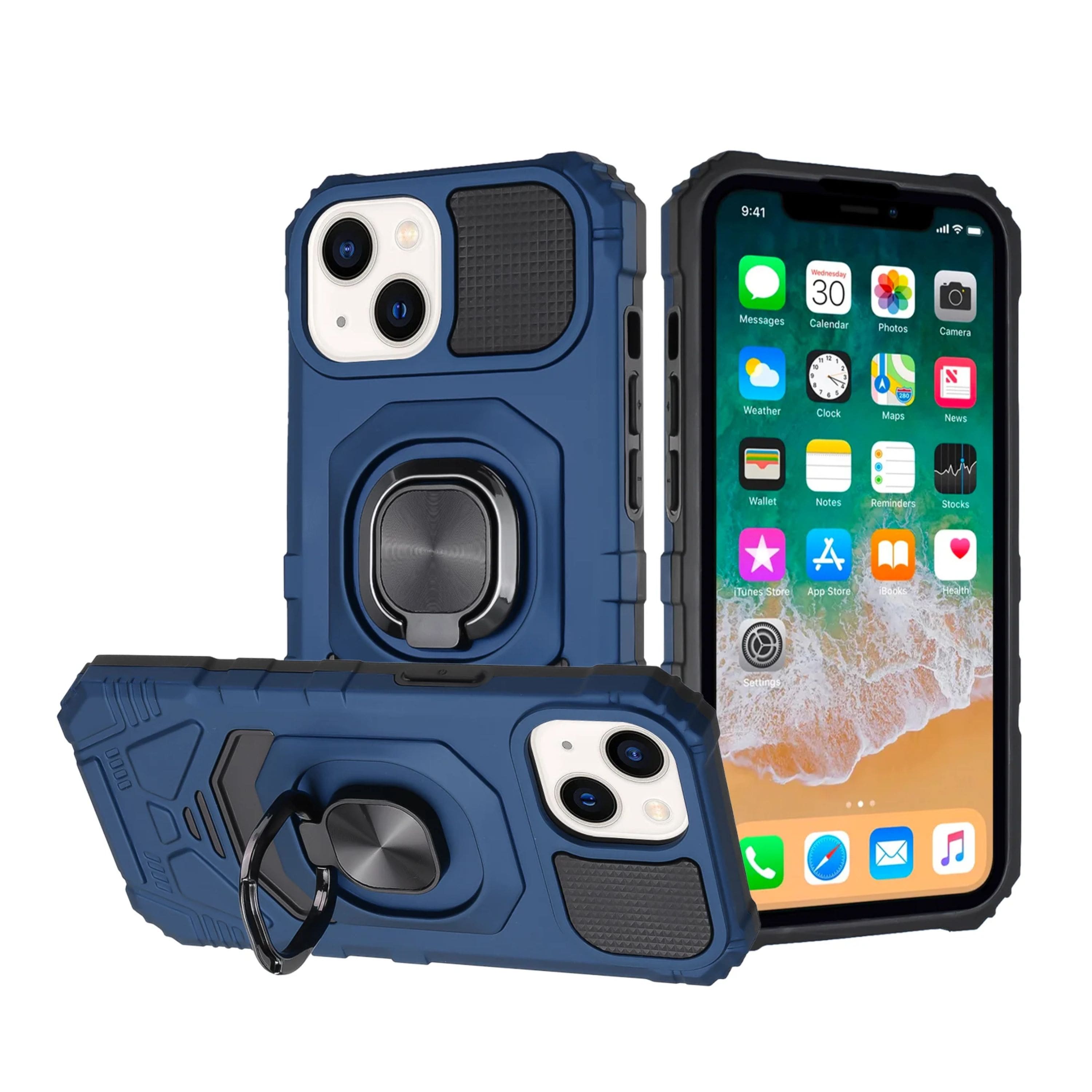Kitcheniva - Shockproof Dual Layer Magnetic Ring Stand Phone Case With 2 Pcs Tempered Glass For iPhone 15 - Dark Blue price history on PriceWatchPro